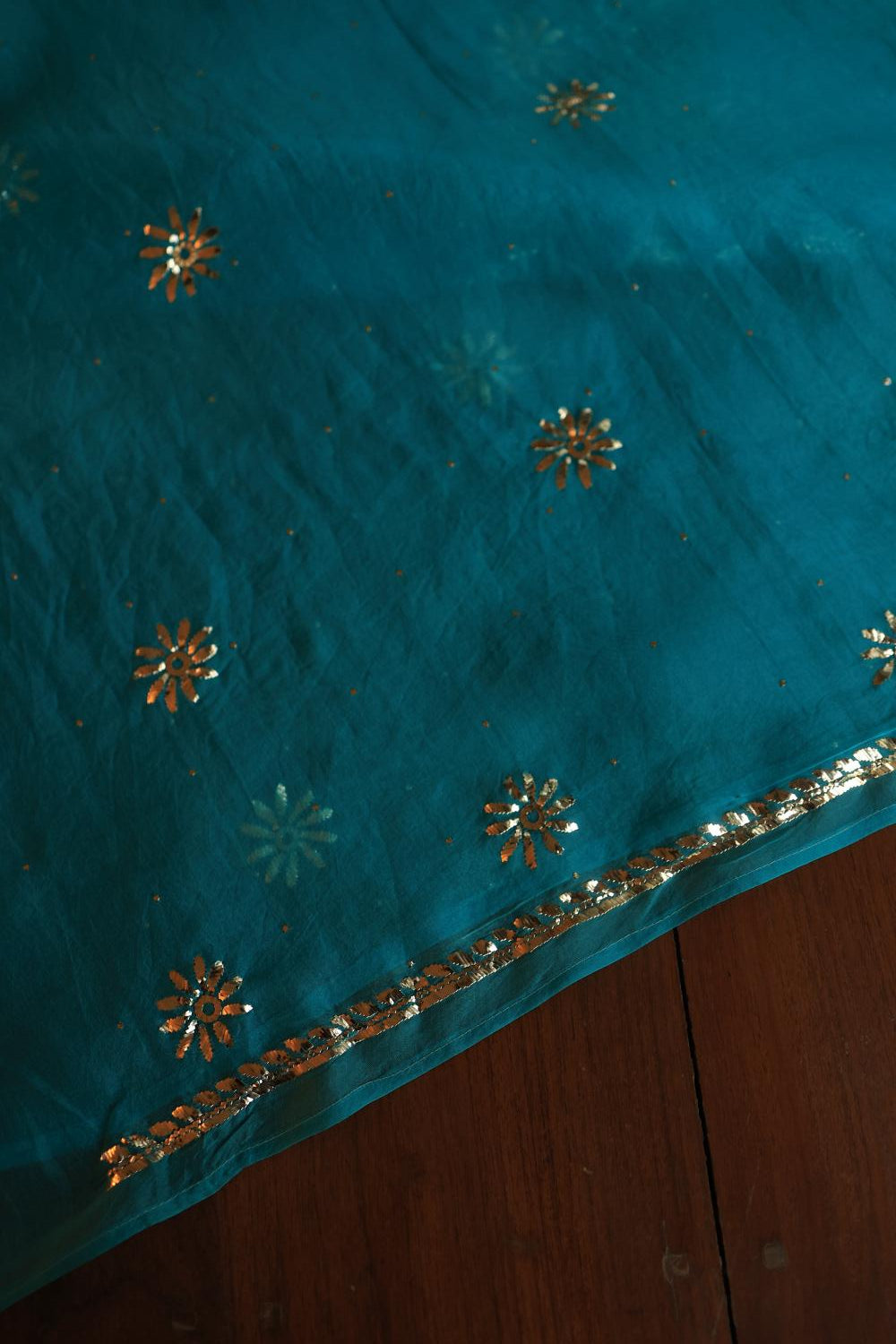 Deep Teal Shade Noor Organza Silk Chikankari Unstitched Kurta Dupatta Set