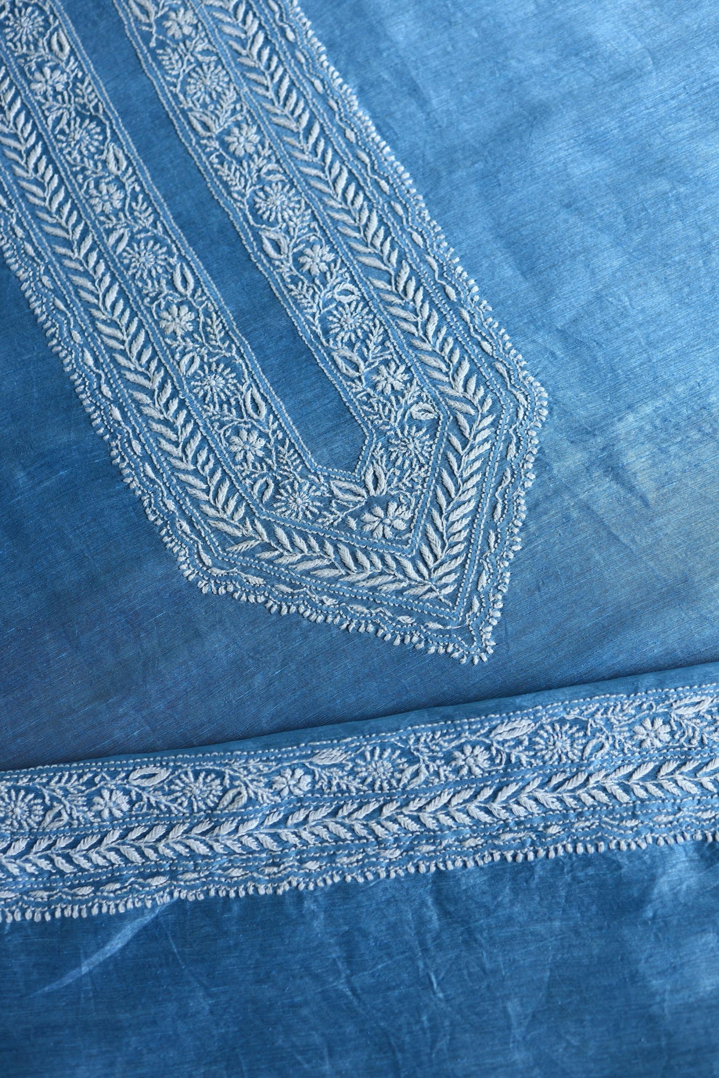 Denim Blue Linen Chikankari Unstitched Men's Kurtas Fabric