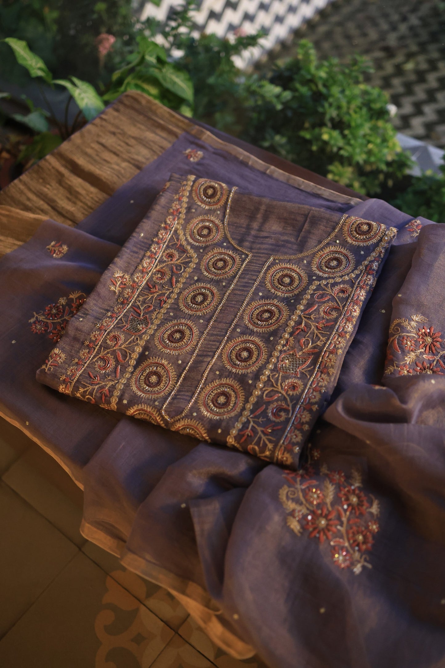 Dull Lavender Tissue Silk Chikankari Unstitched Fabric