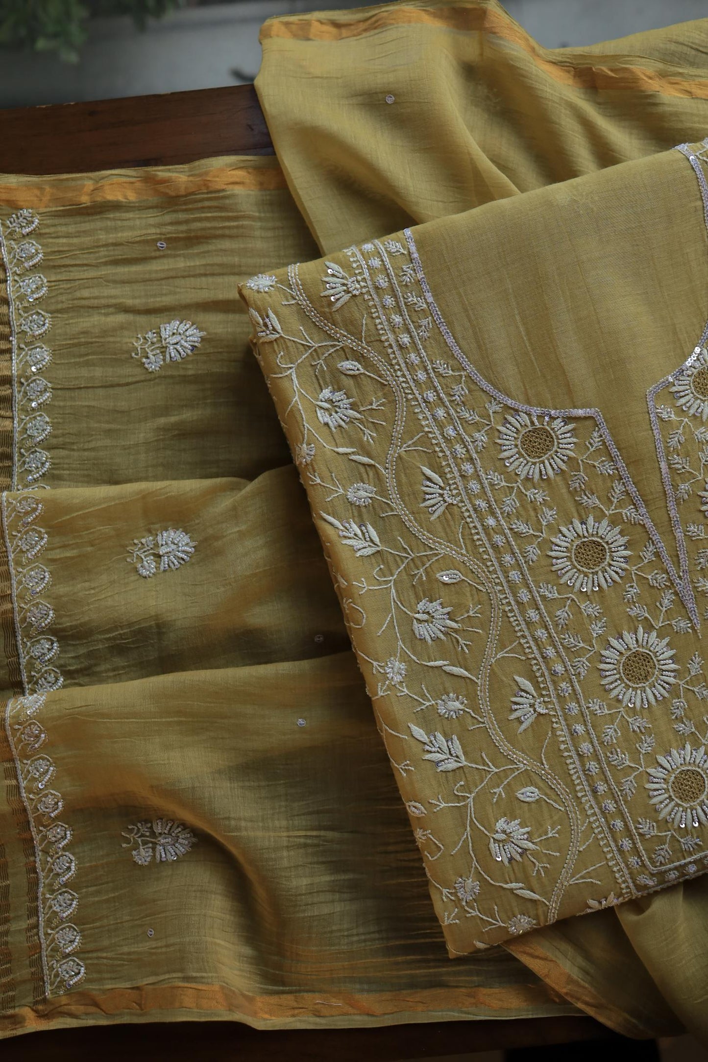 Dull Olive Shade Shade Mal Chanderi Silk Chikankari Unstitched Fabric
