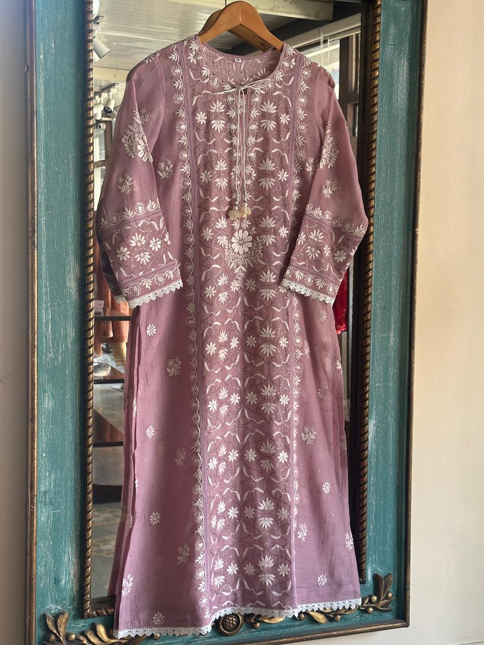 Dull Purple Mul Chanderi Mukaish Kamdani Chikankari Stitched Kurta Dupatta Set