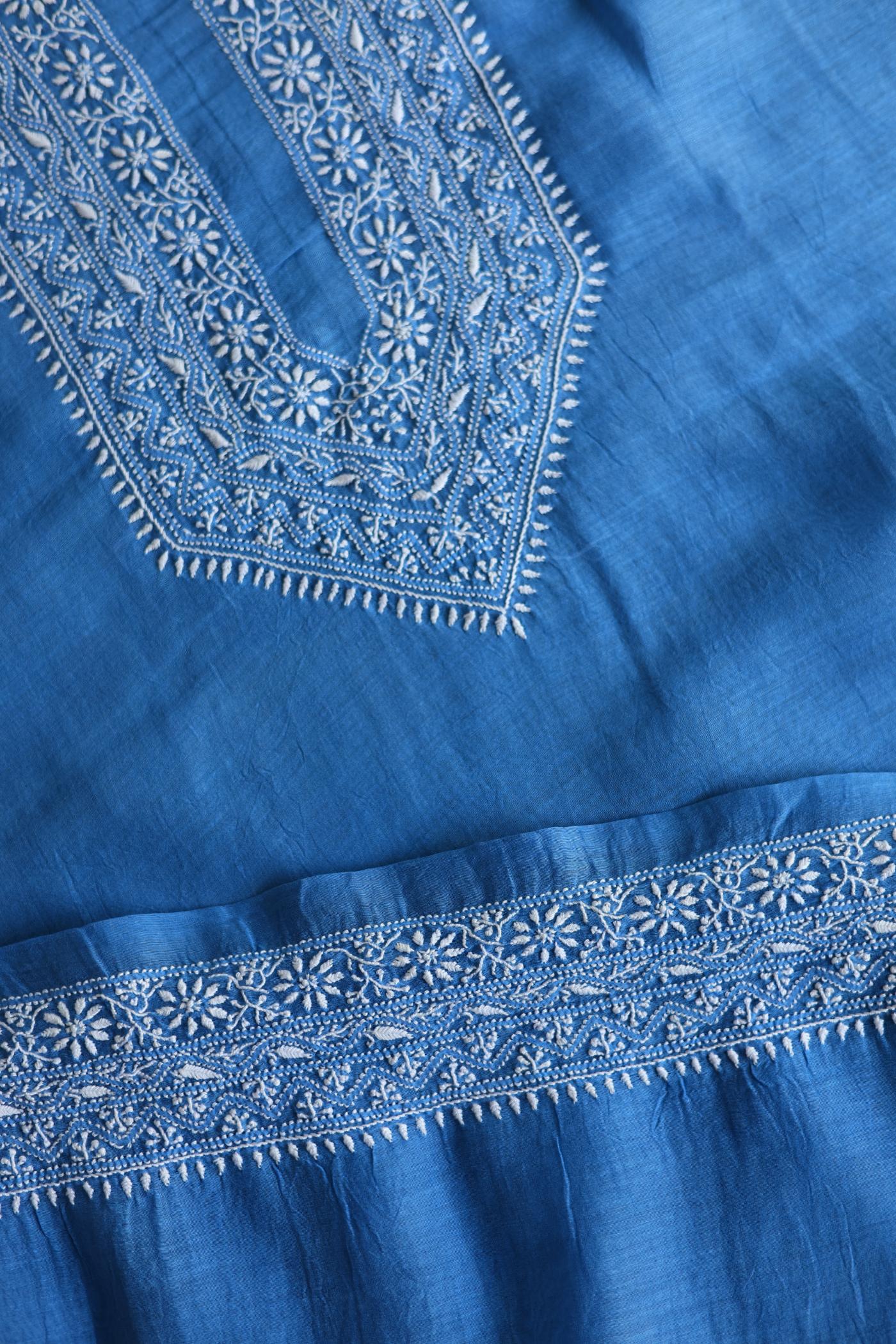 Dusk Blue Mulmul Chikankari Unstitched Men's Kurtas Fabric