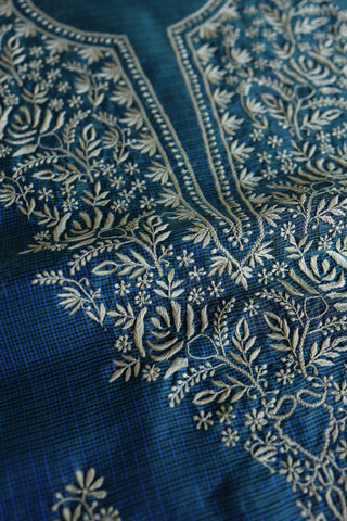 Dusk Blue Shade Kota Chikankari Unstitched Suit Fabric
