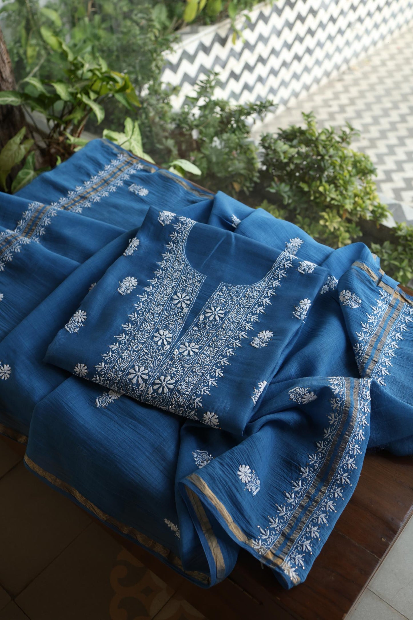 Dusk Blue Shade Mal Cotton Fine Chikankari Unstitched Fabric