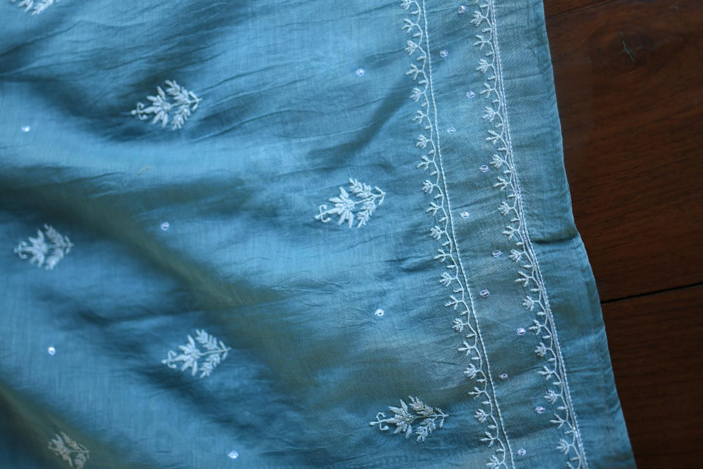Dusky Blue Mal Chanderi Silk Chikankari With Sequins Unstitched Kurta Dupatta Set