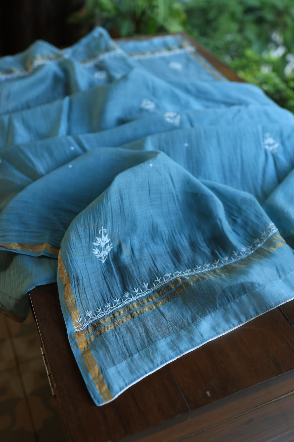 Dusky Blue Mal Chanderi Silk Chikankari With Sequins Unstitched Kurta Dupatta Set