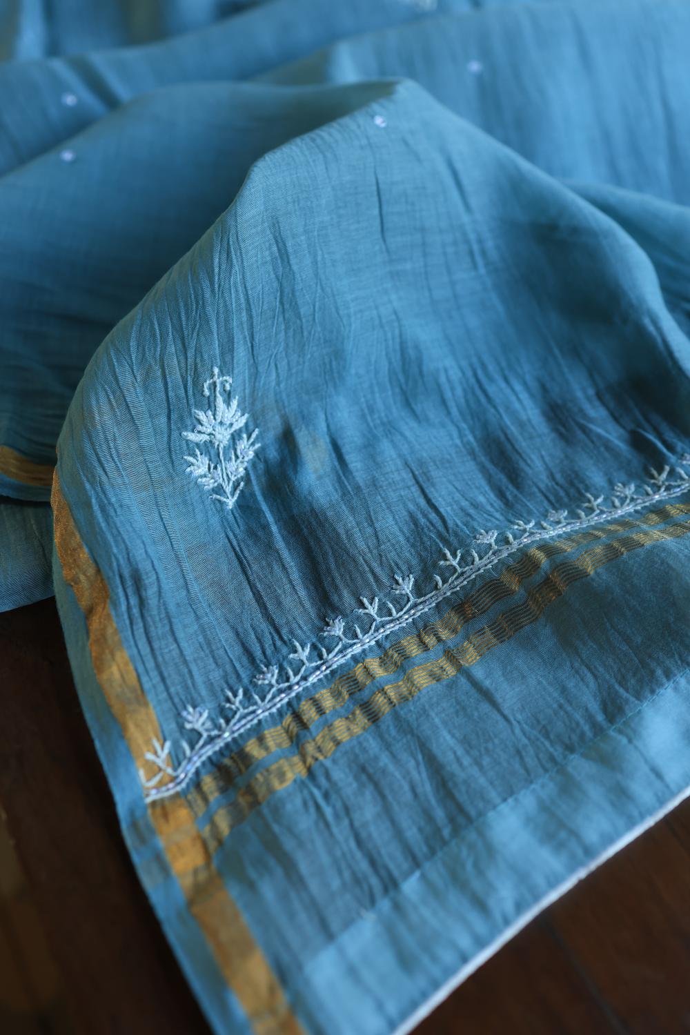 Dusky Blue Mal Chanderi Silk Chikankari With Sequins Unstitched Kurta Dupatta Set