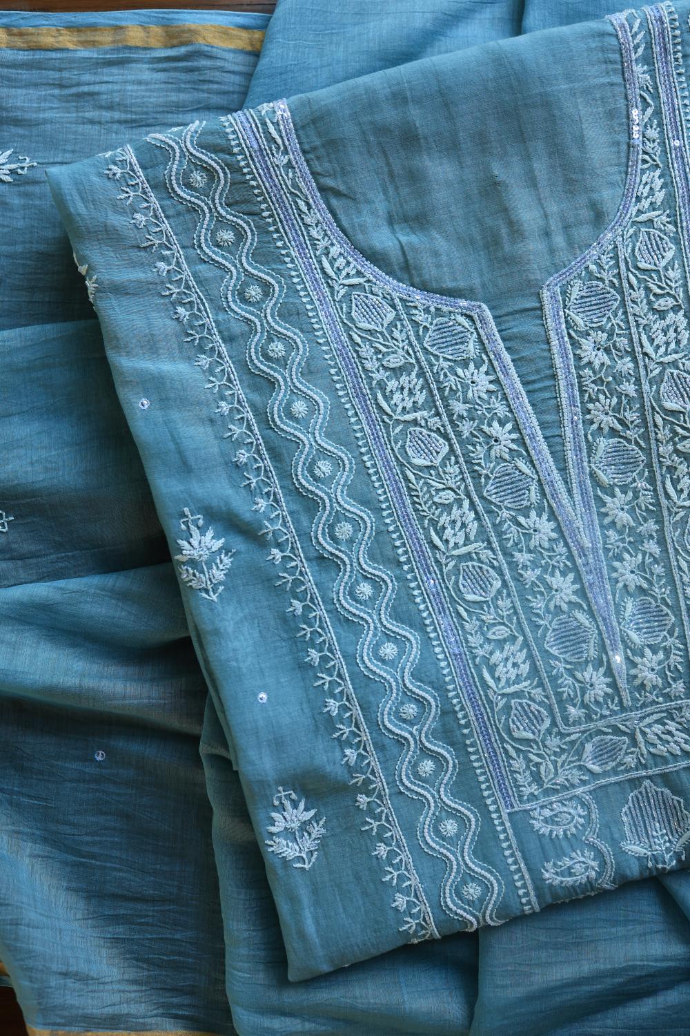 Dusky Blue Mal Chanderi Silk Chikankari With Sequins Unstitched Kurta Dupatta Set