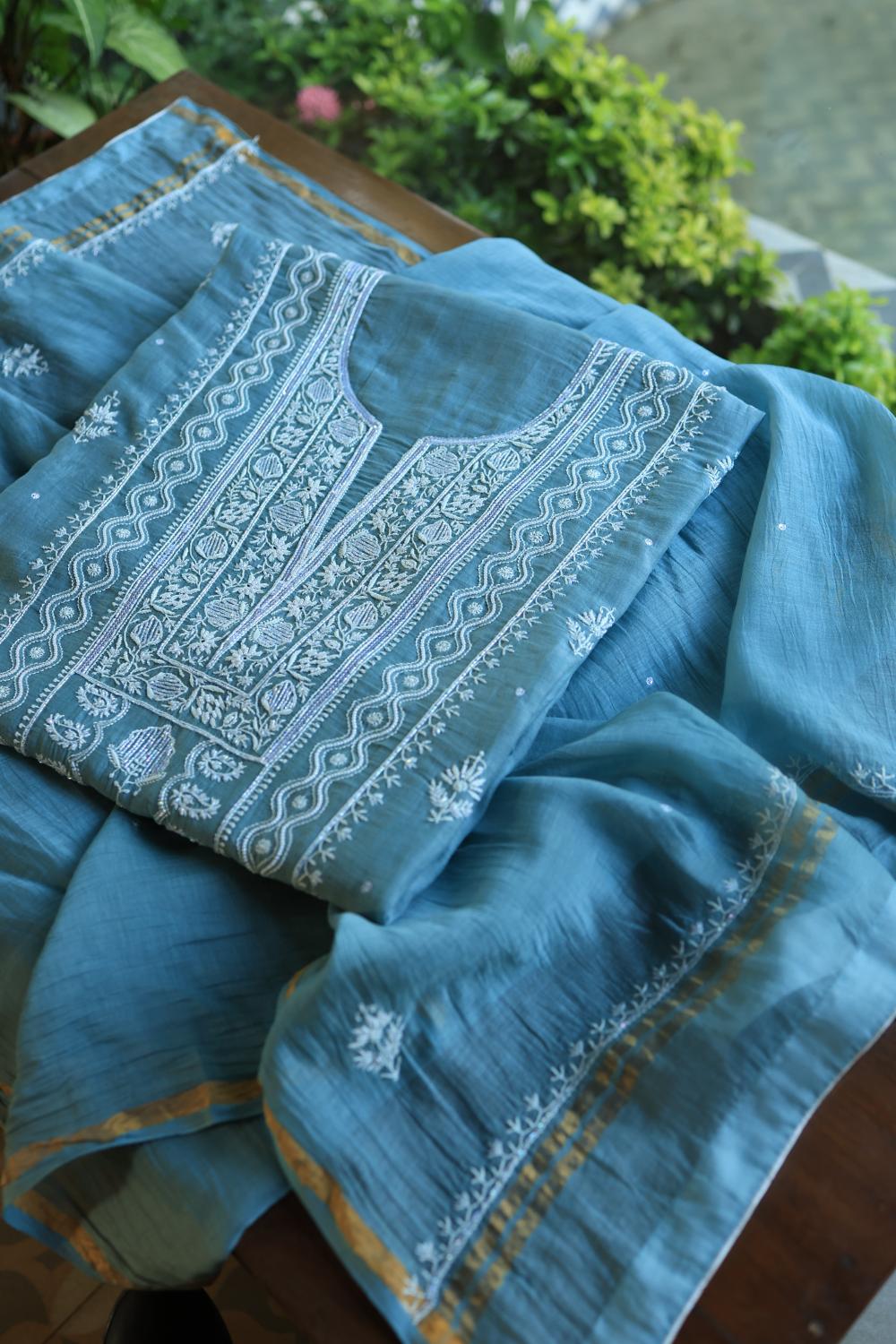 Dusky Blue Mal Chanderi Silk Chikankari With Sequins Unstitched Kurta Dupatta Set
