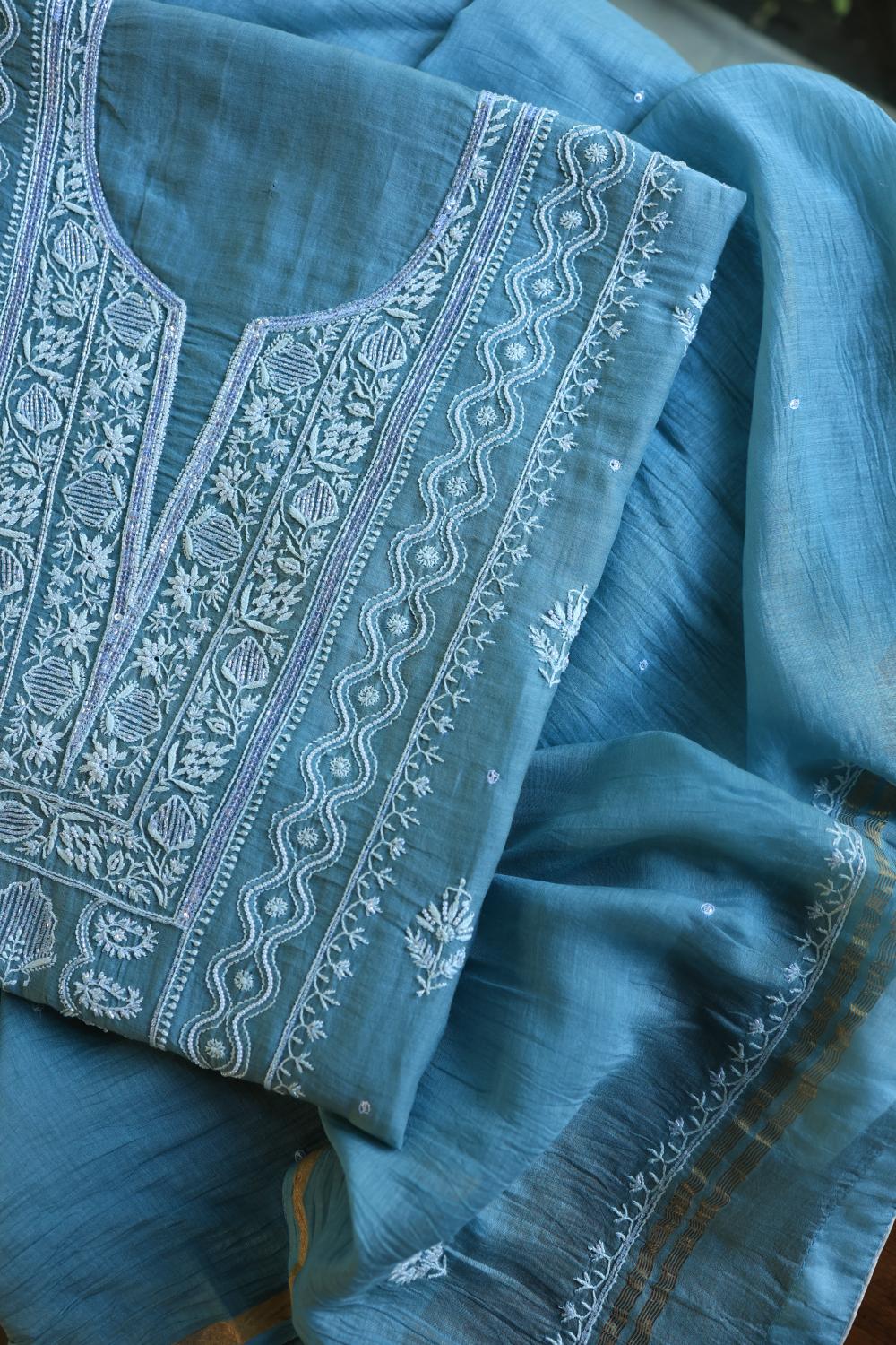 Dusky Blue Mal Chanderi Silk Chikankari With Sequins Unstitched Kurta Dupatta Set