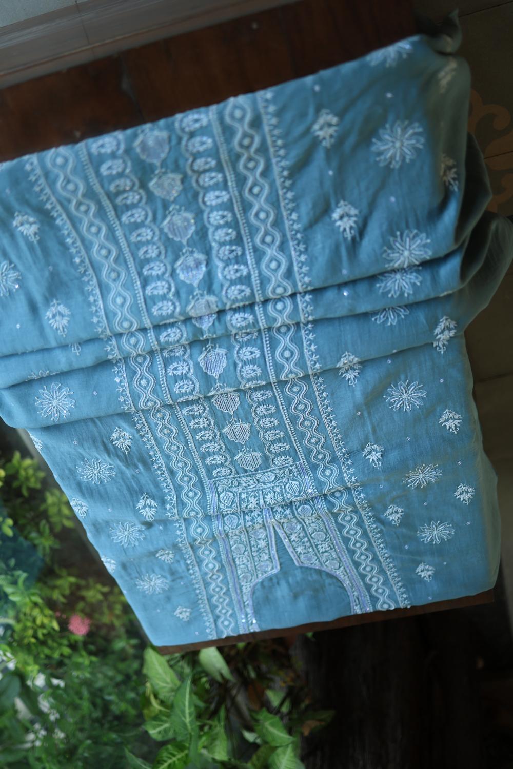 Dusky Blue Mal Chanderi Silk Chikankari With Sequins Unstitched Kurta Dupatta Set