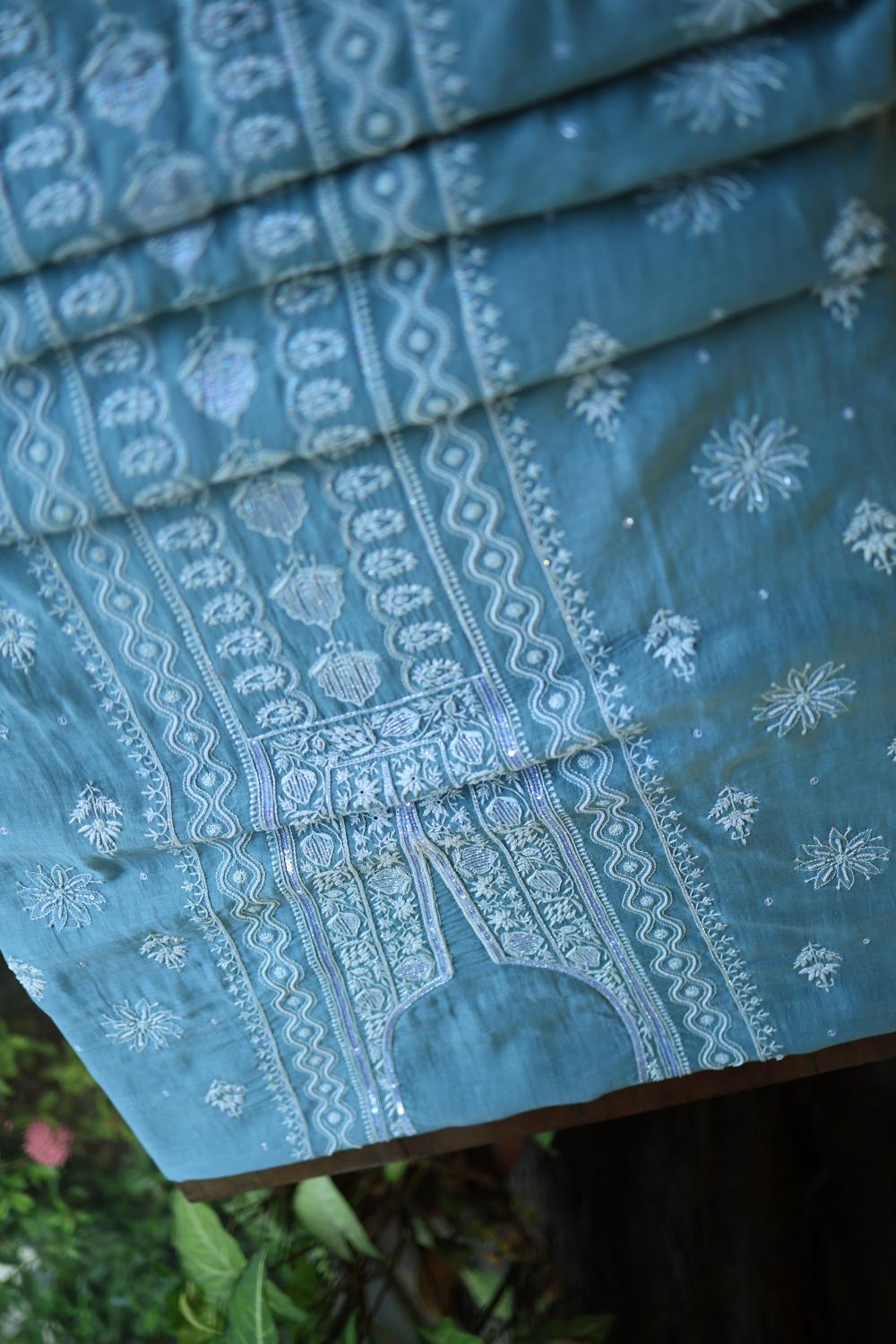 Dusky Blue Mal Chanderi Silk Chikankari With Sequins Unstitched Kurta Dupatta Set