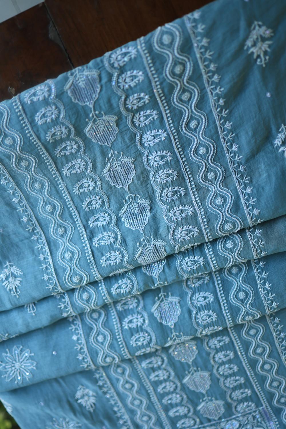 Dusky Blue Mal Chanderi Silk Chikankari With Sequins Unstitched Kurta Dupatta Set