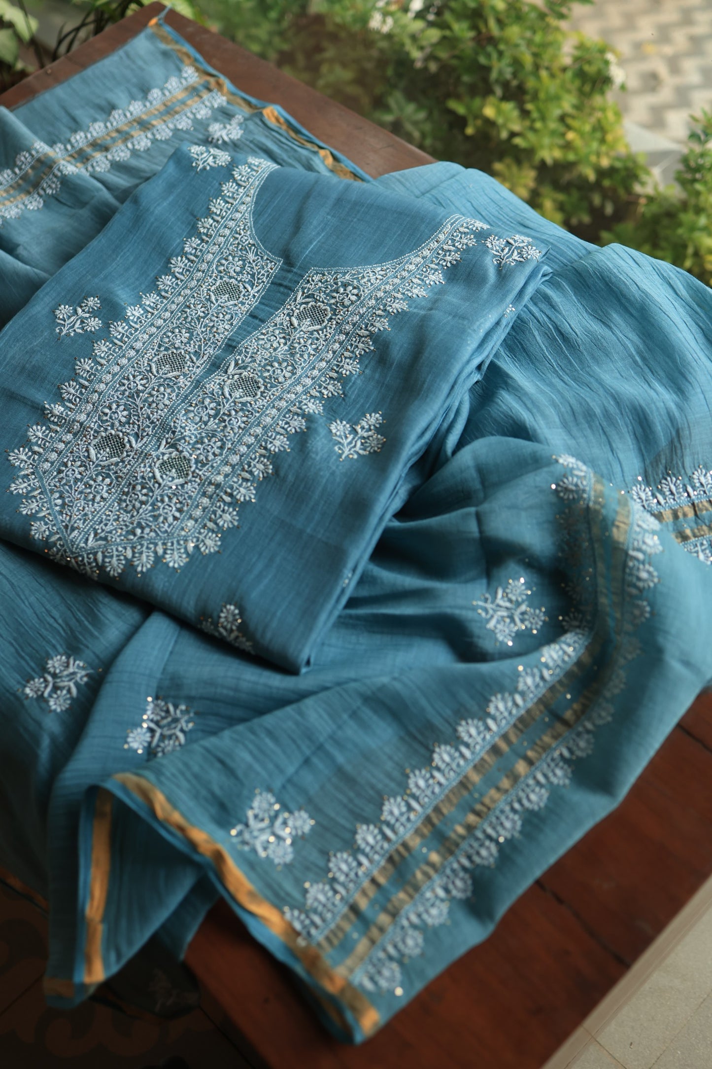 Dusky Blue Shade Mal Cotton Chikankari Unstitched Fabrics With Kamdani