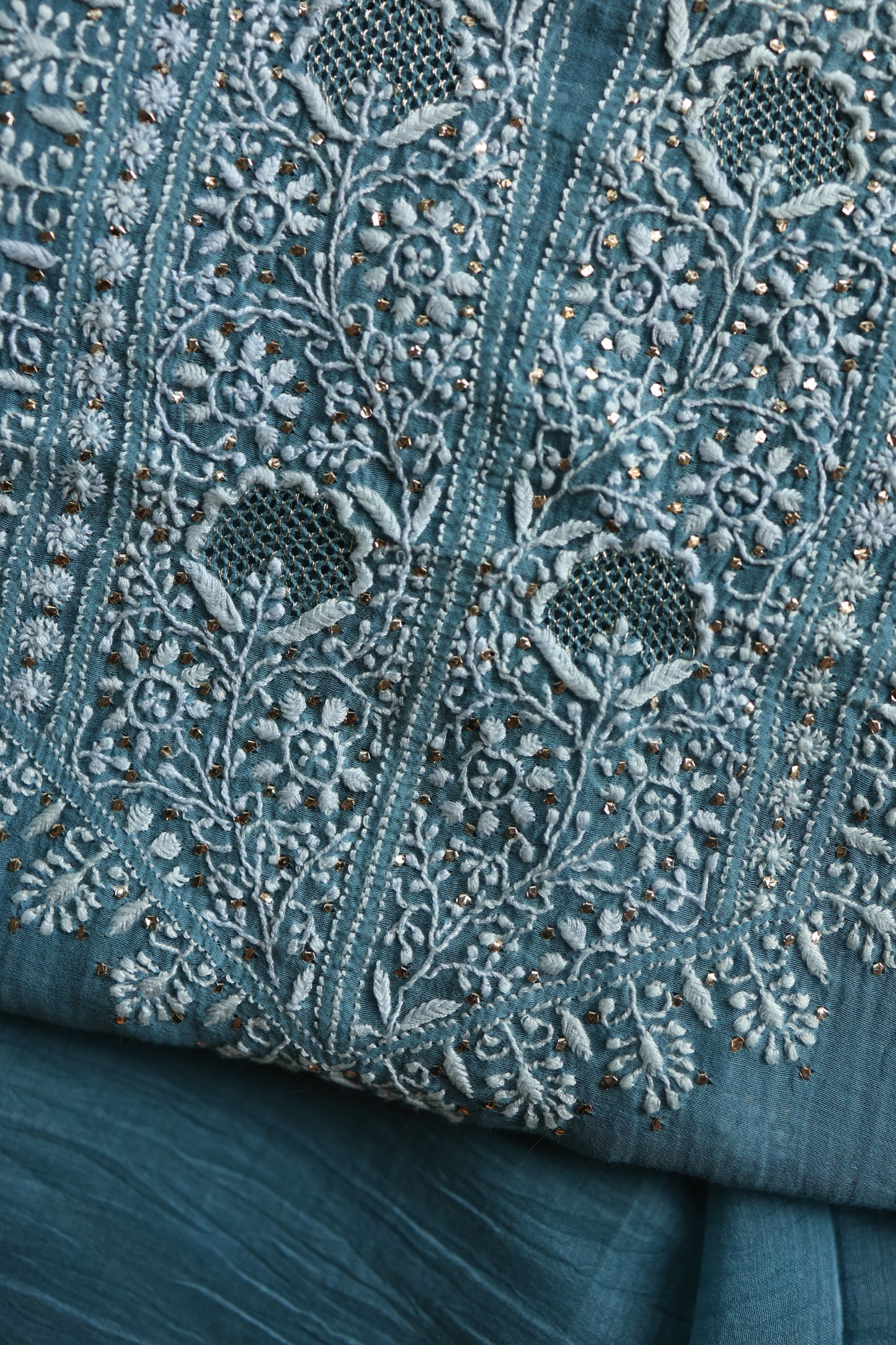 Dusky Blue Shade Mal Cotton Chikankari Unstitched Fabrics With Kamdani