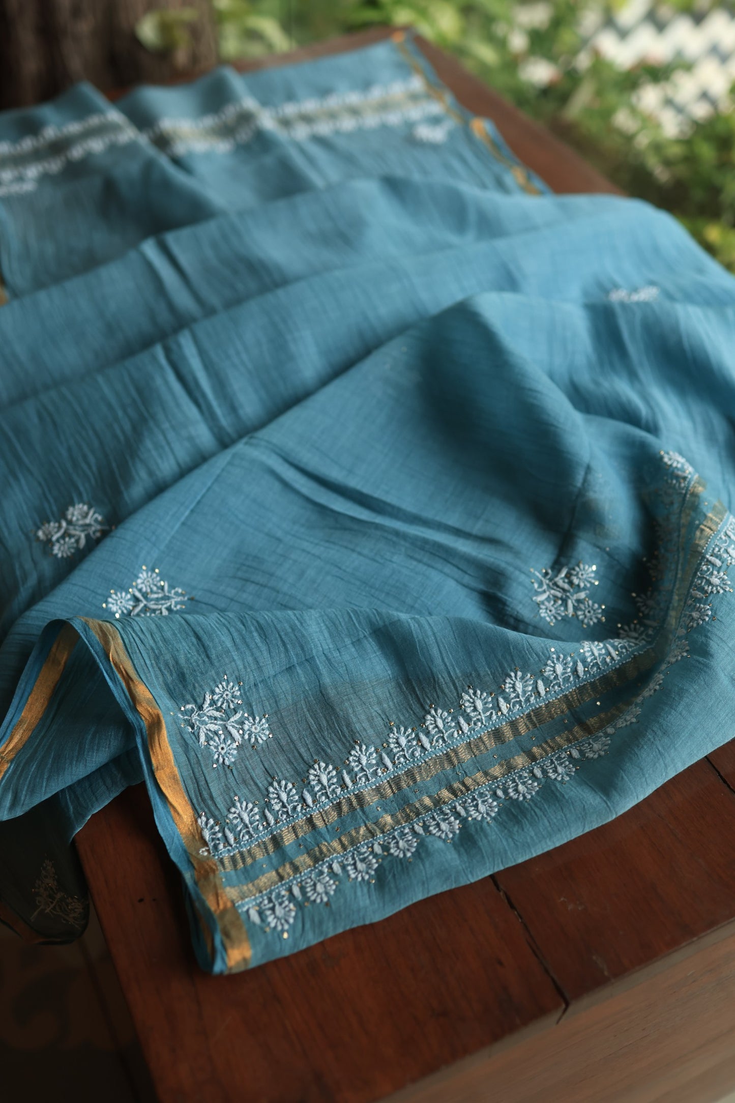 Dusky Blue Shade Mal Cotton Chikankari Unstitched Fabrics With Kamdani