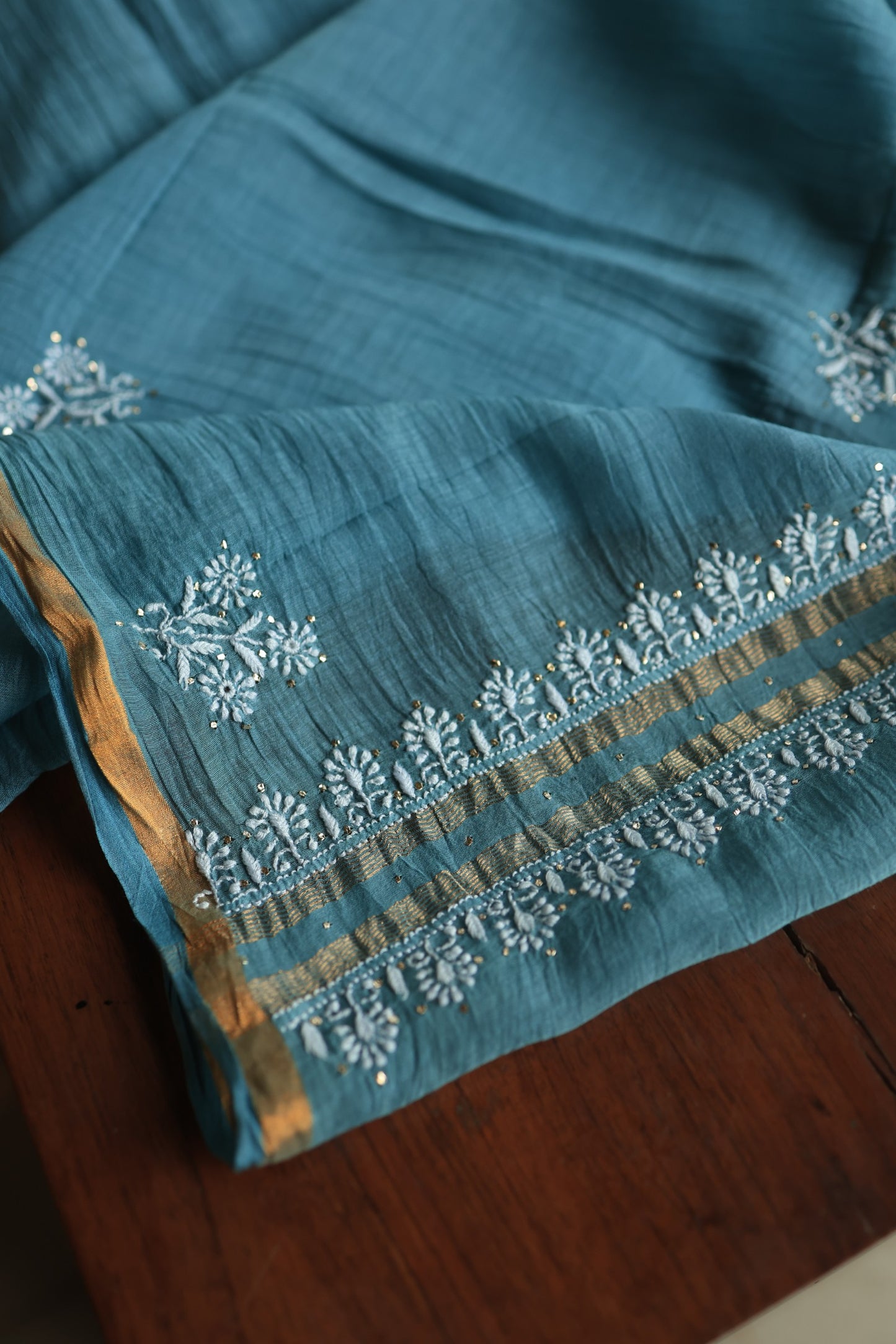 Dusky Blue Shade Mal Cotton Chikankari Unstitched Fabrics With Kamdani