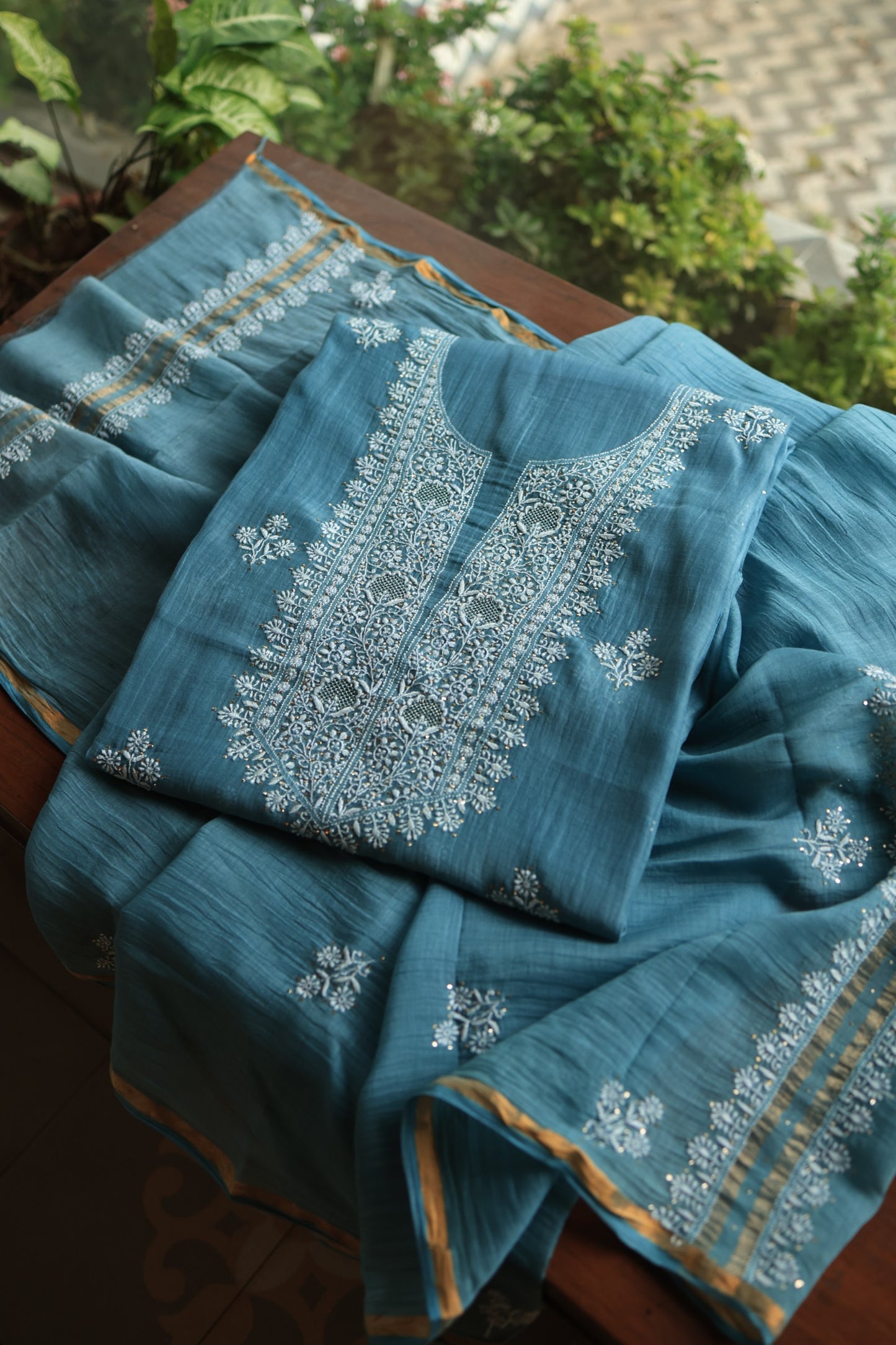 Dusky Blue Shade Mal Cotton Chikankari Unstitched Fabrics With Kamdani