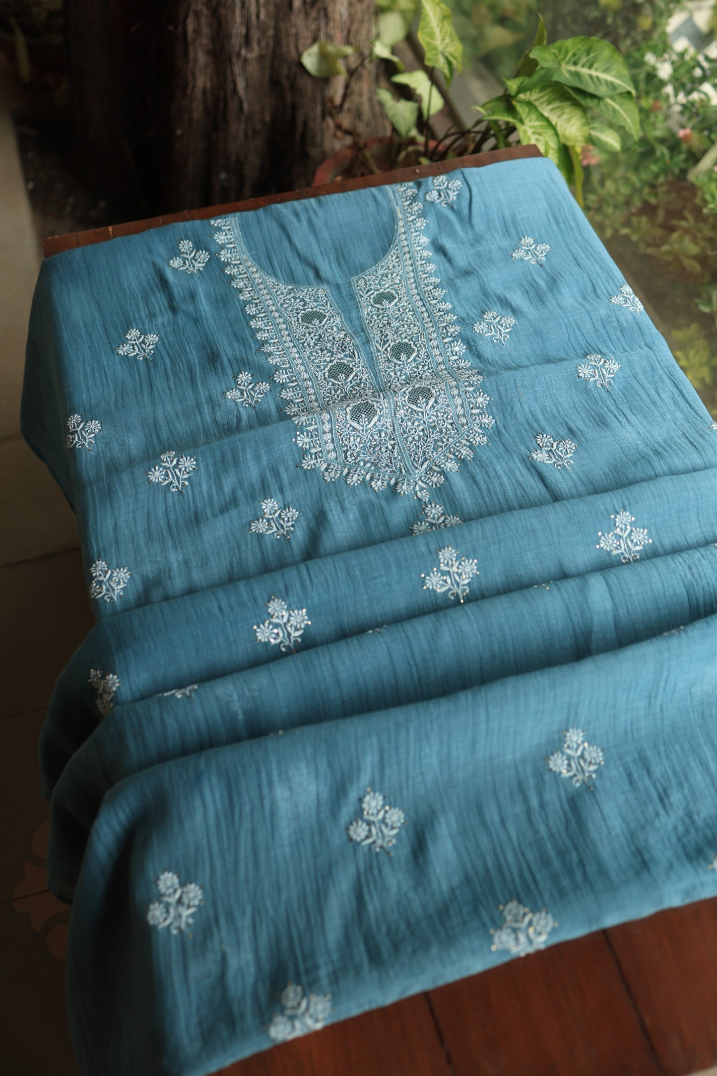 Dusky Blue Shade Mal Cotton Chikankari Unstitched Fabrics With Kamdani