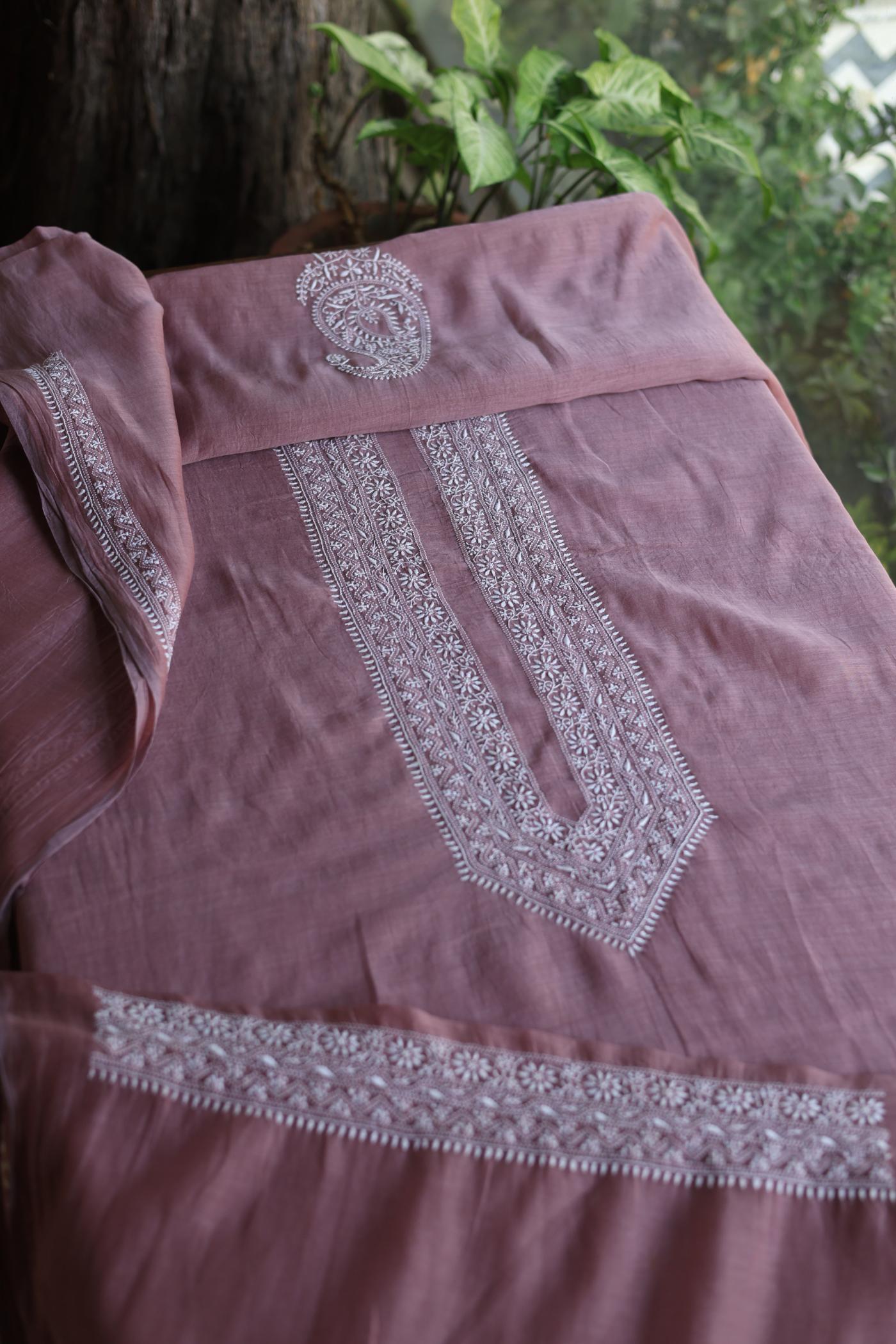 Dusky Purple Mulmul Chikankari Unstitched Men's Kurtas Fabric