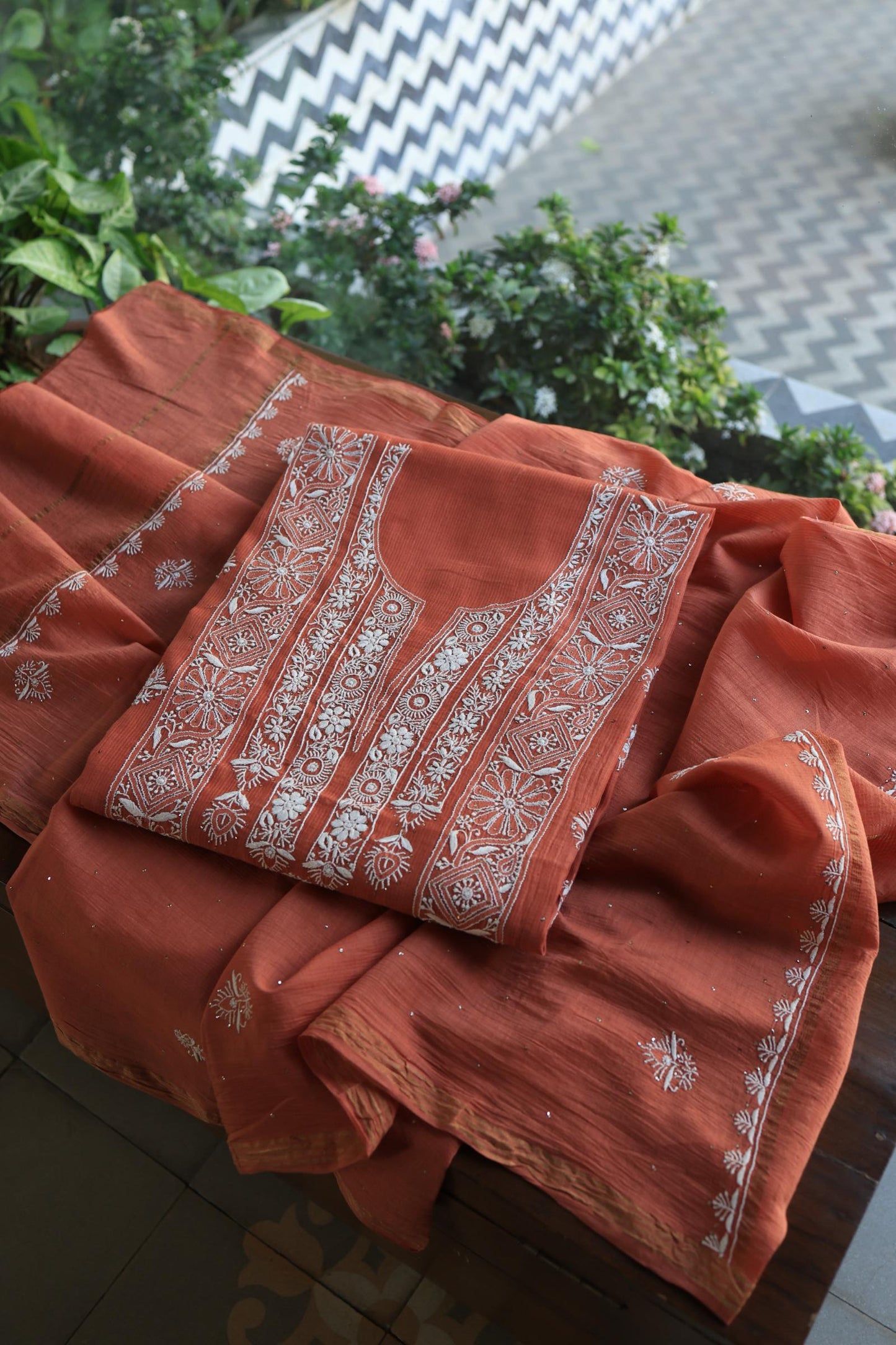 Dusky Rose Shade Mal Cotton Fine Chikankari With Kamdani Work Unstitched Fabric