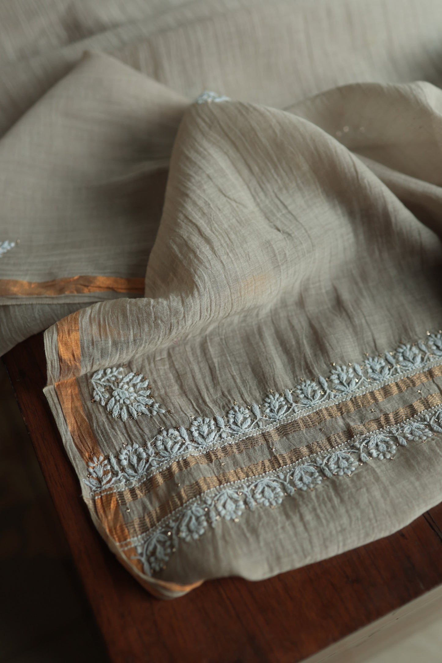 Dusty Beige Mal Cotton Chikankari Unstitched Fabrics With Kamdani