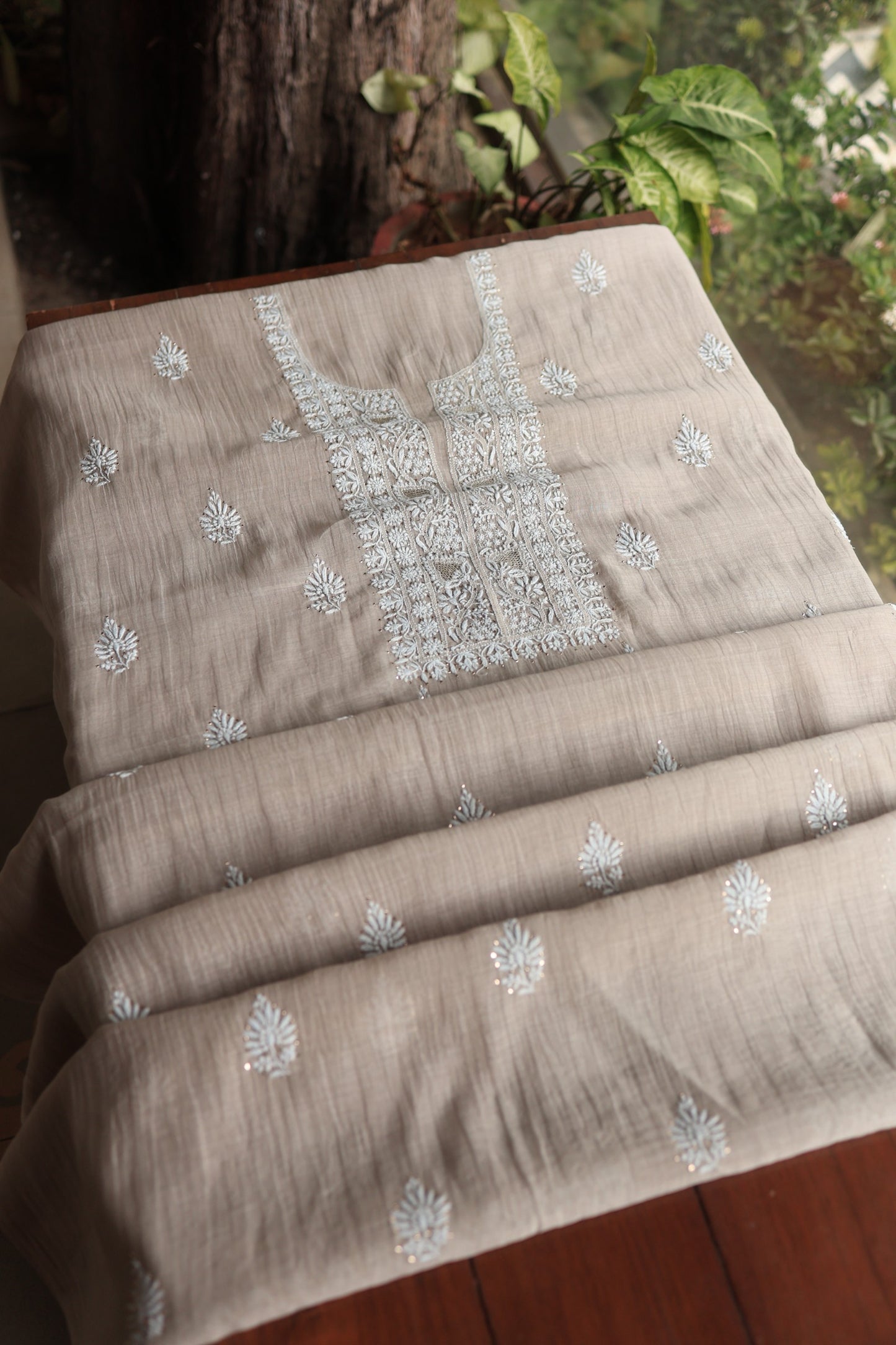 Dusty Beige Mal Cotton Chikankari Unstitched Fabrics With Kamdani