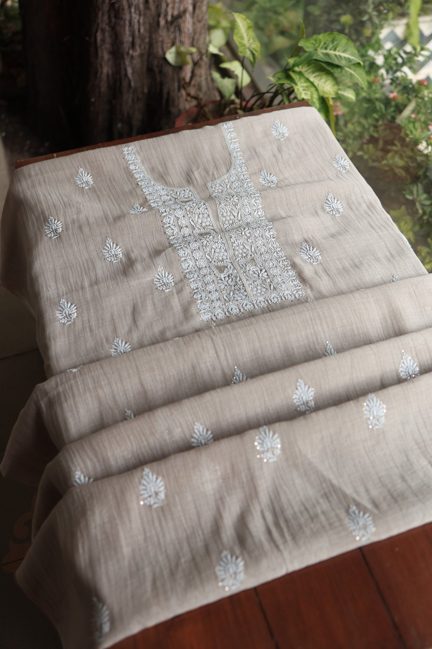 Dusty Beige Mal Cotton Chikankari Unstitched Fabrics With Kamdani