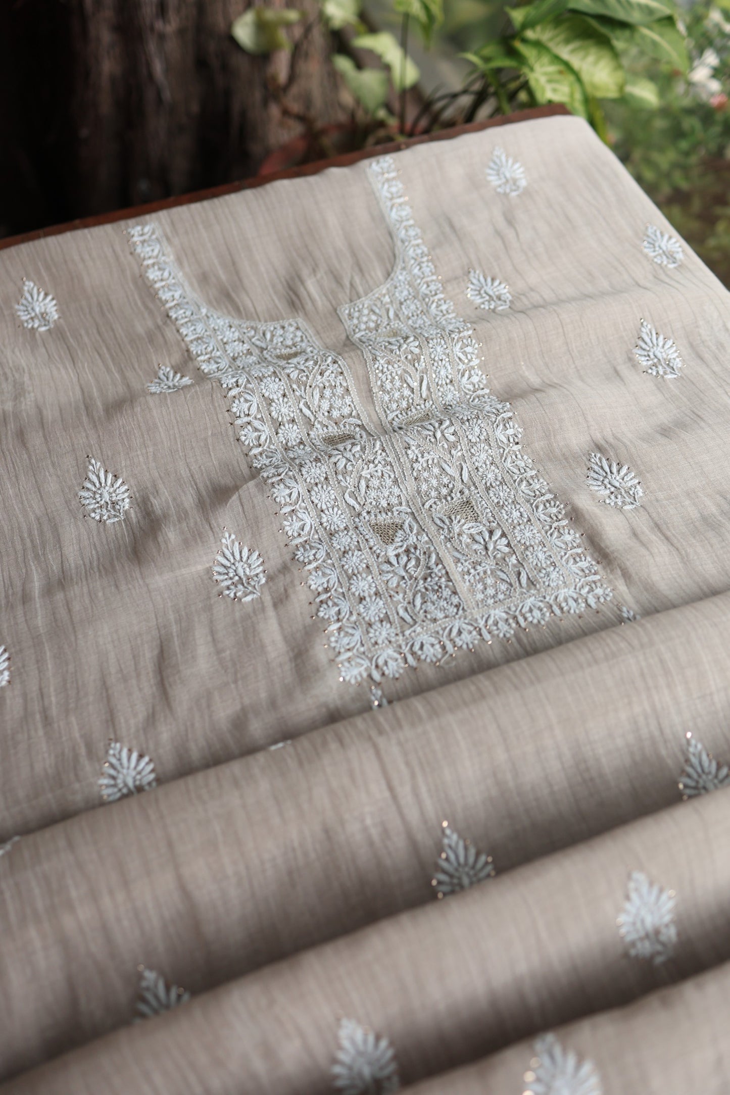 Dusty Beige Mal Cotton Chikankari Unstitched Fabrics With Kamdani
