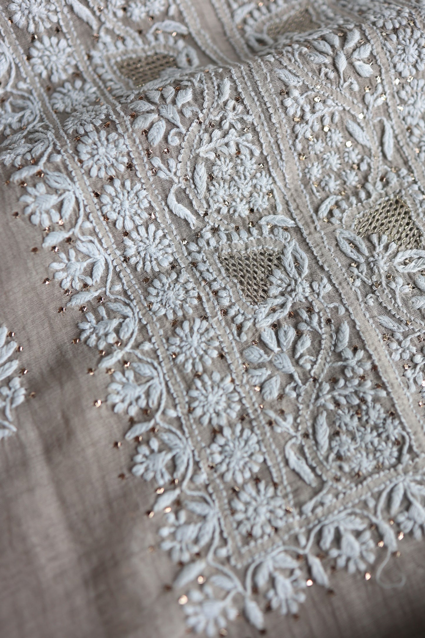 Dusty Beige Mal Cotton Chikankari Unstitched Fabrics With Kamdani