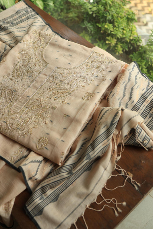 Dusty Beige Shade Jamdani X Chikankari Unstitched Fabric