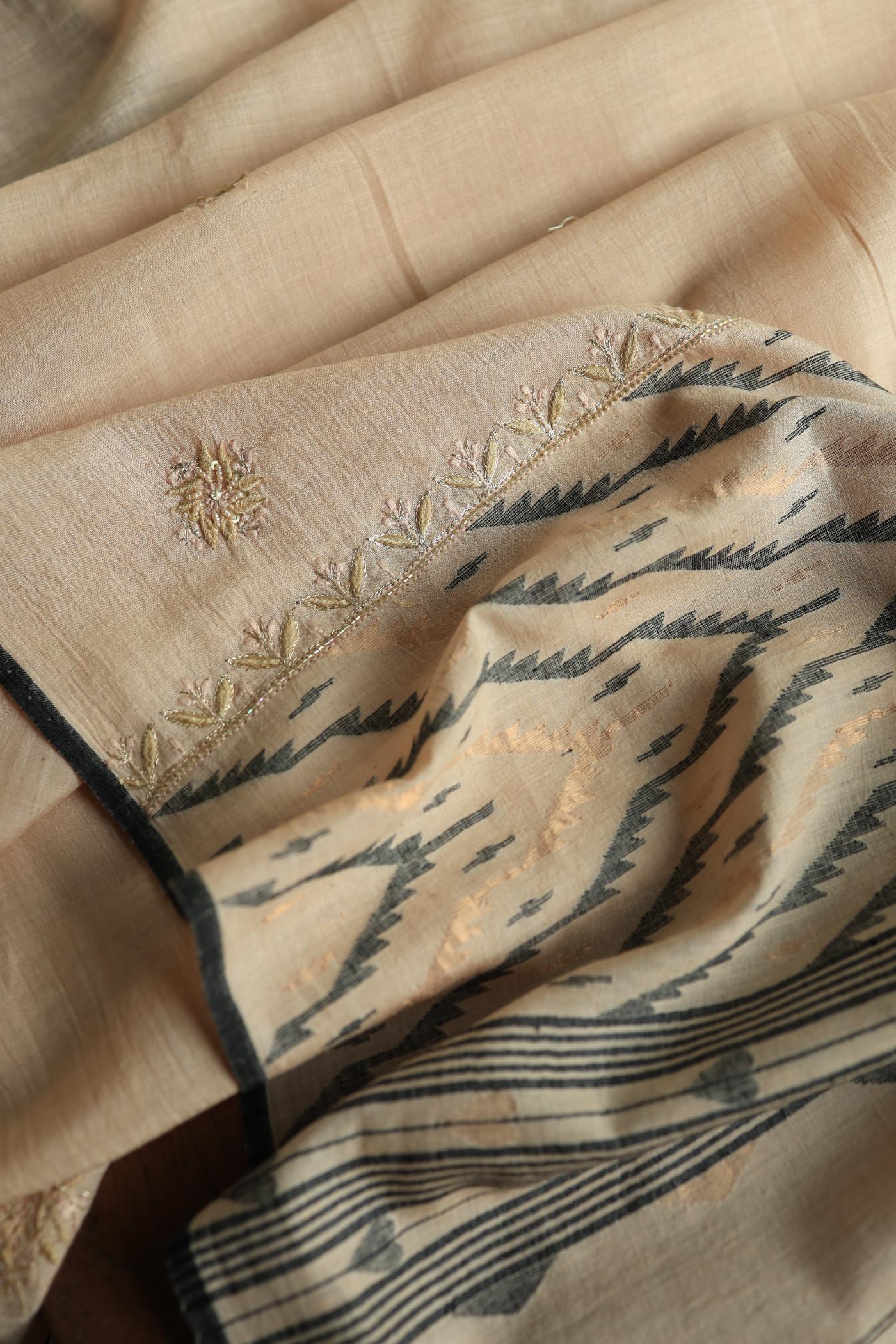 Dusty Beige Shade Jamdani X Chikankari Unstitched Fabric