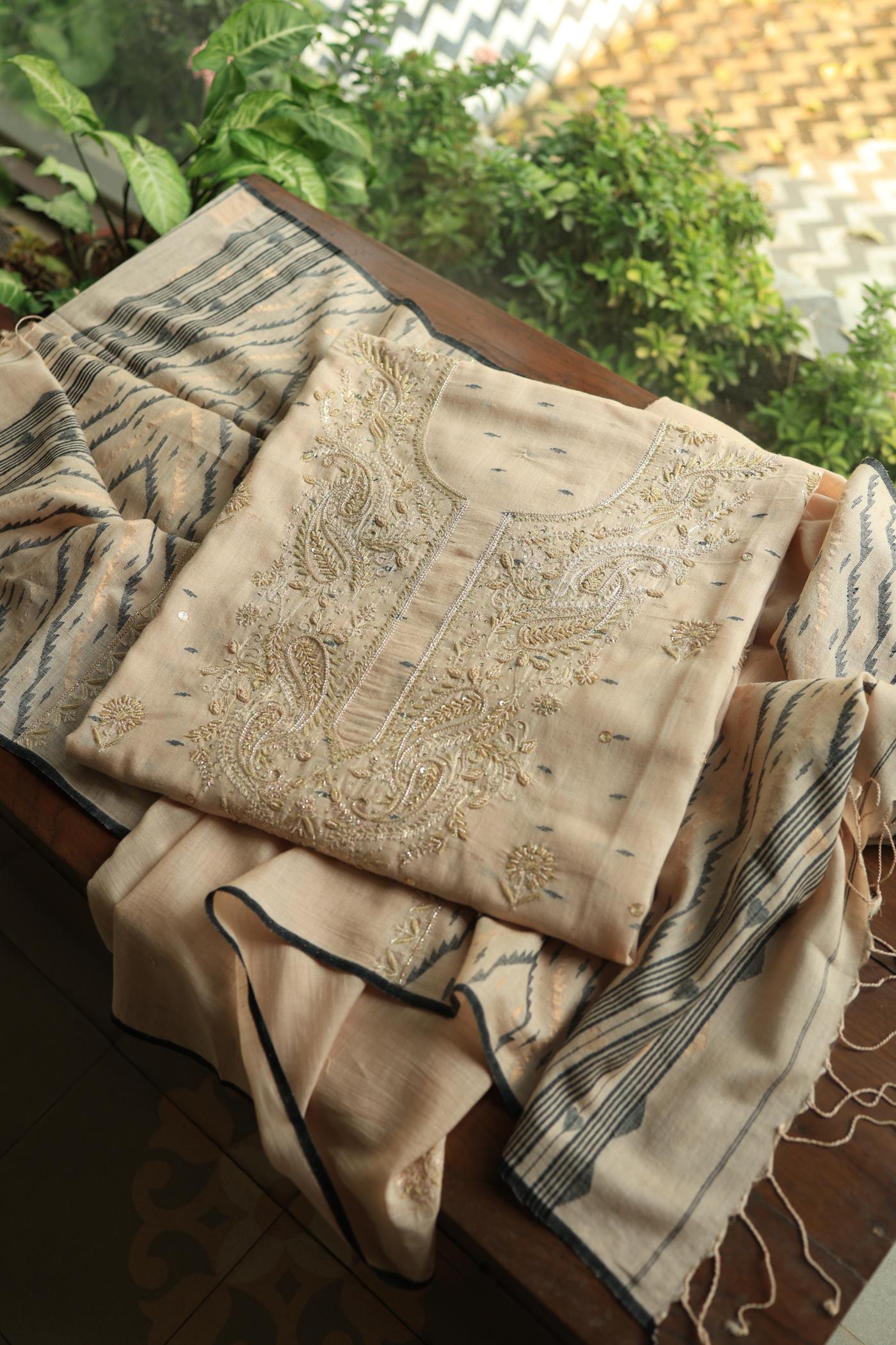 Dusty Beige Shade Jamdani X Chikankari Unstitched Fabric