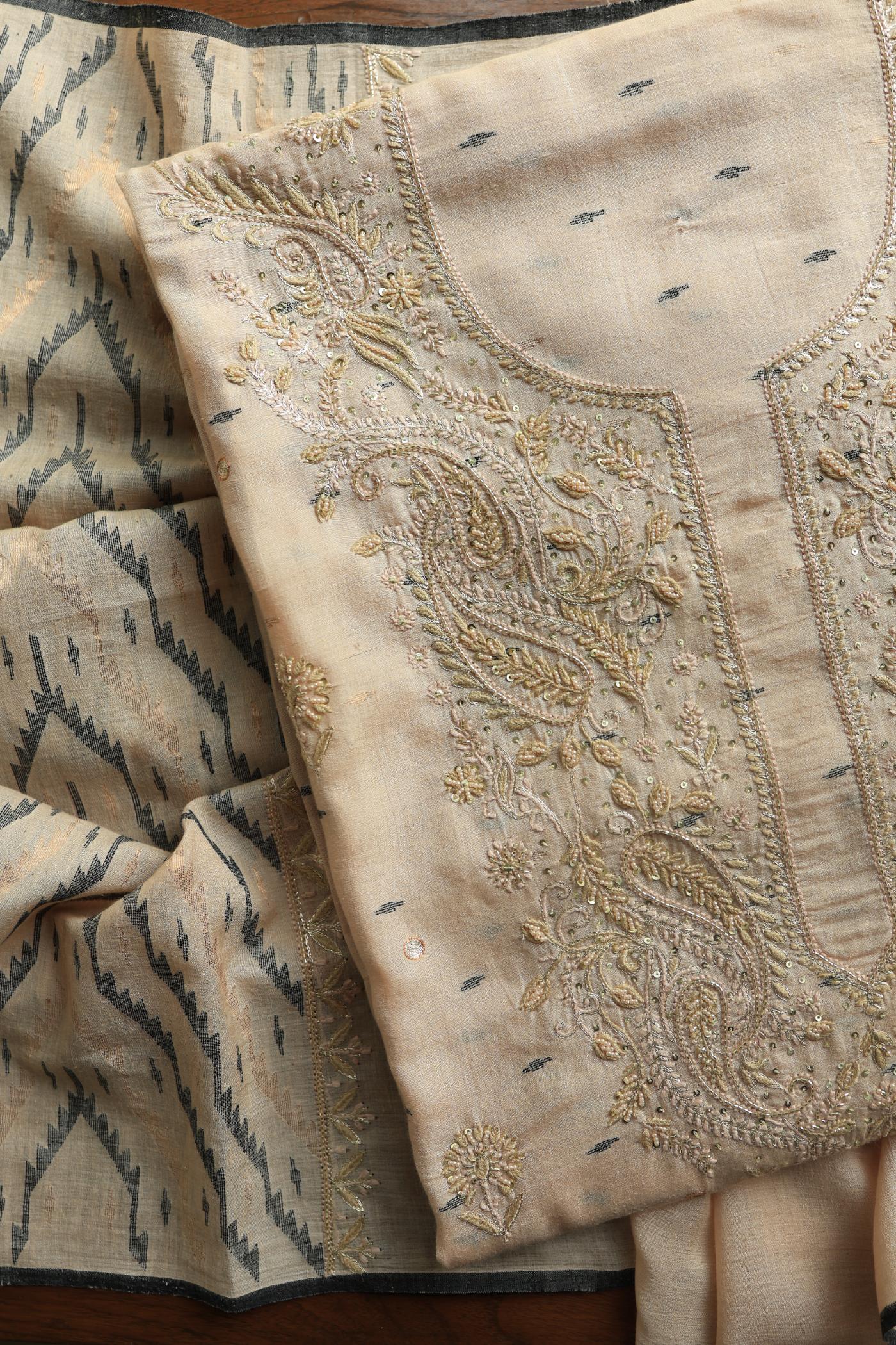 Dusty Beige Shade Jamdani X Chikankari Unstitched Fabric
