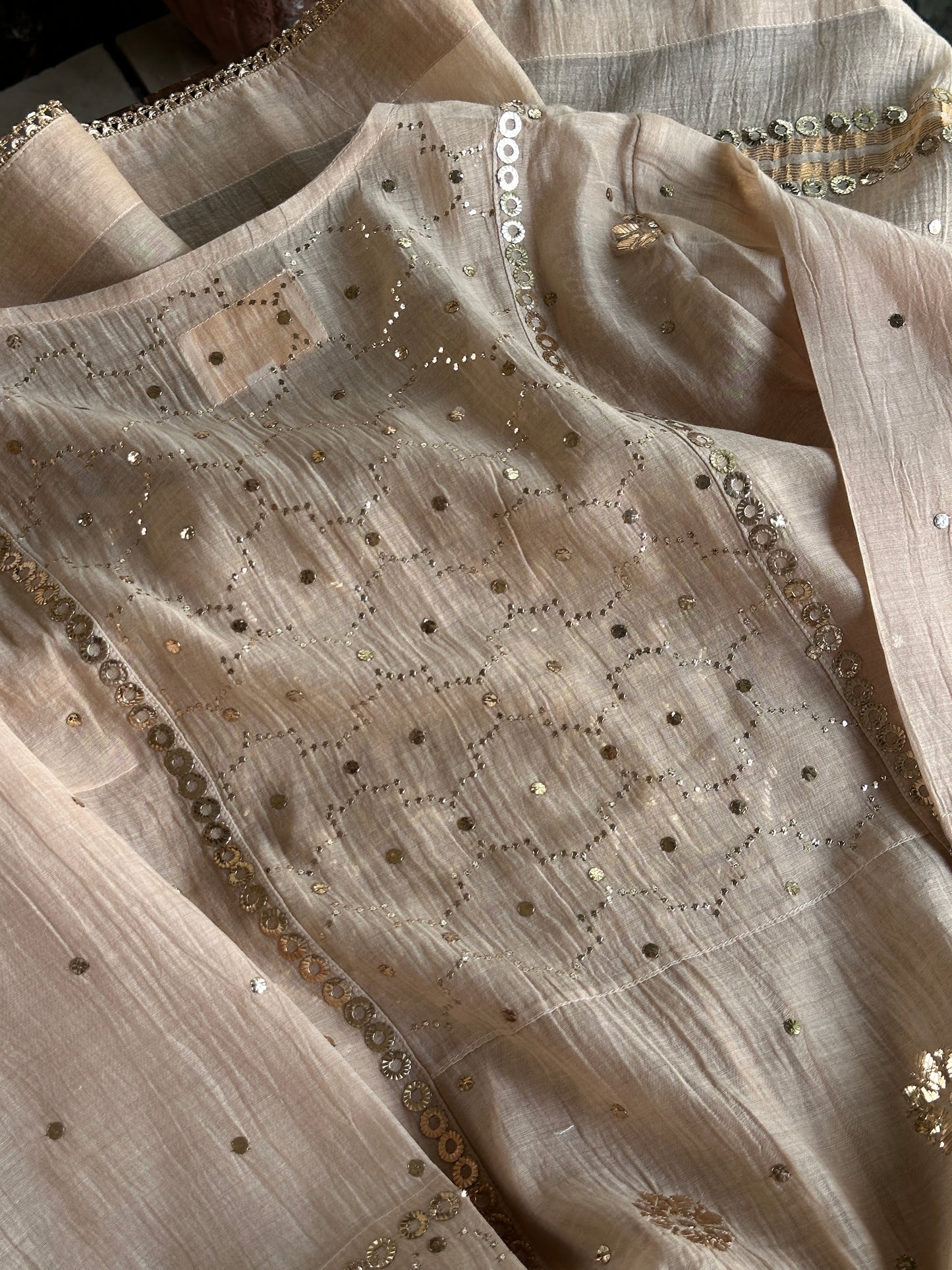 Dusty Beige Shade Mukaish Kamdani Mul Chanderi Angarkha