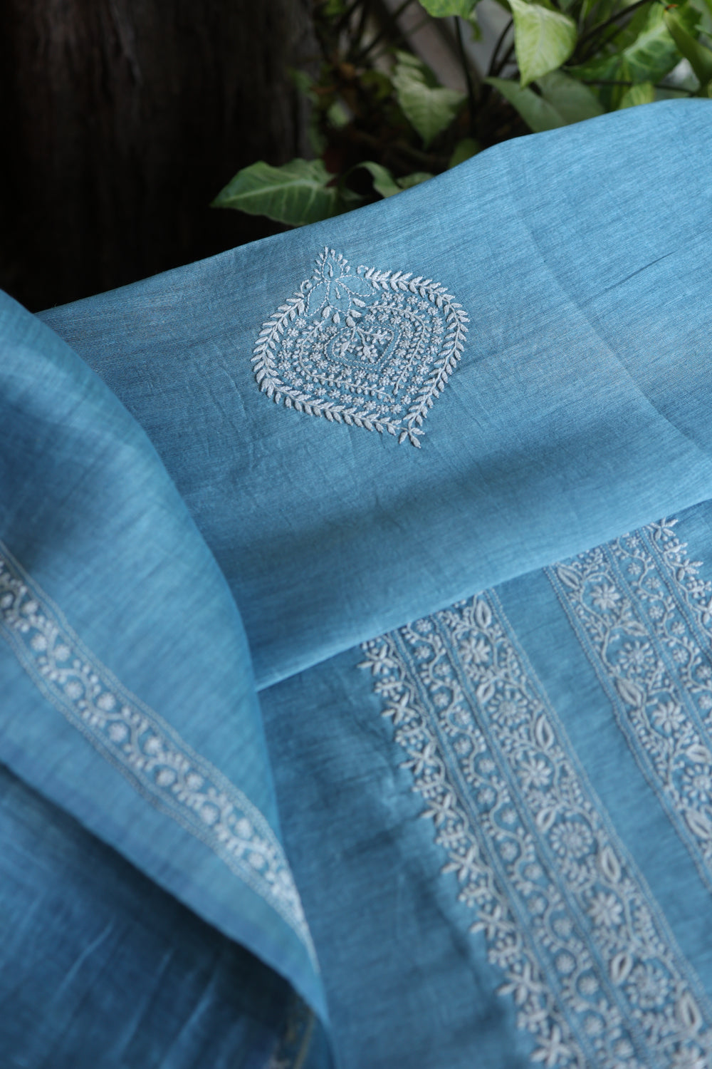 Dusty Blue Linen Chikankari Unstitched Men's Kurtas Fabric