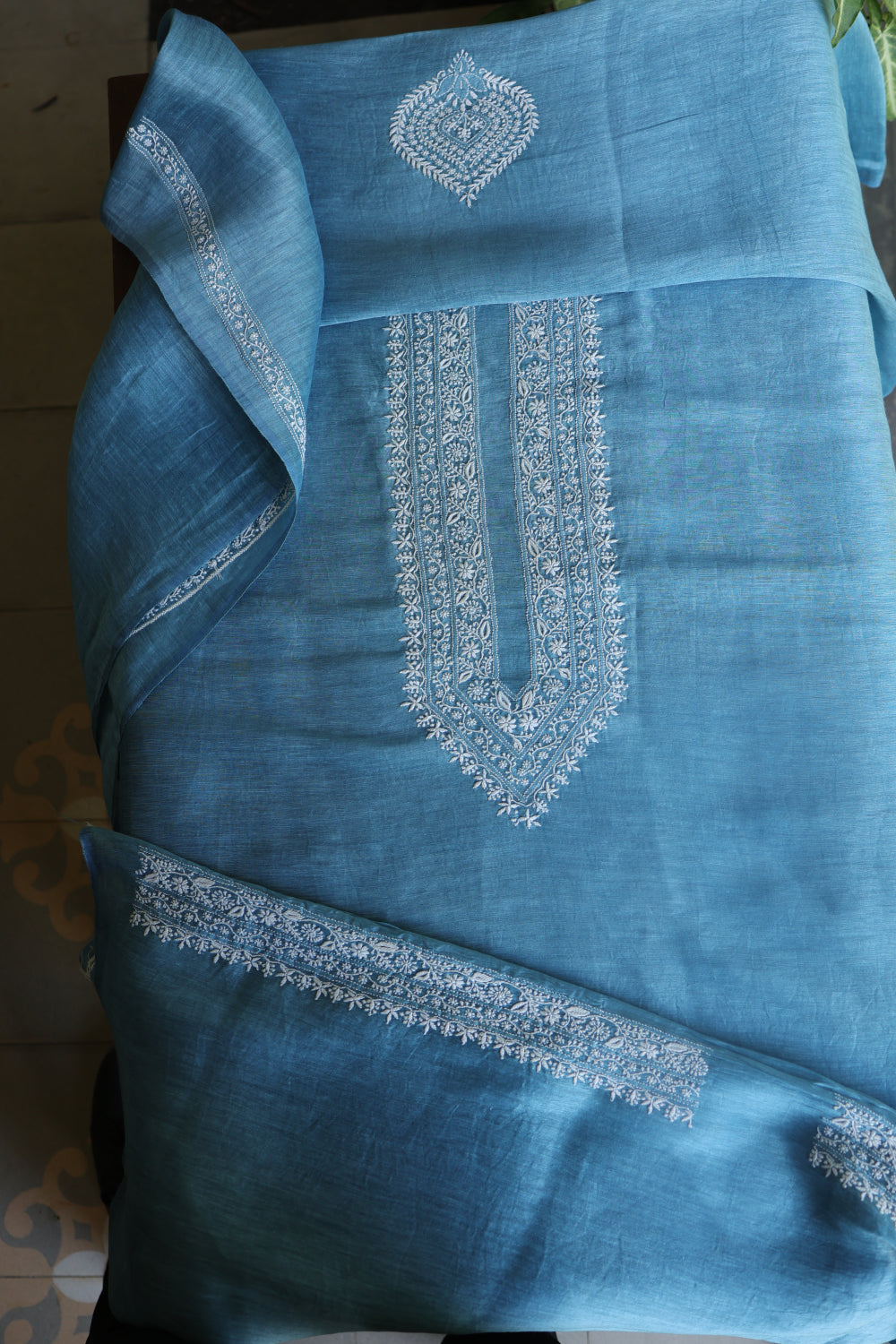 Dusty Blue Linen Chikankari Unstitched Men's Kurtas Fabric