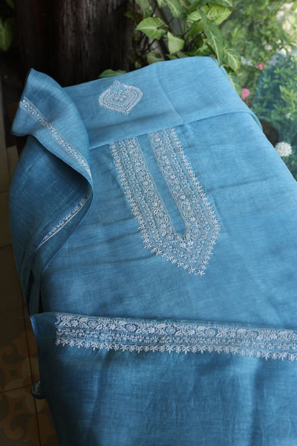 Dusty Blue Linen Chikankari Unstitched Men's Kurtas Fabric