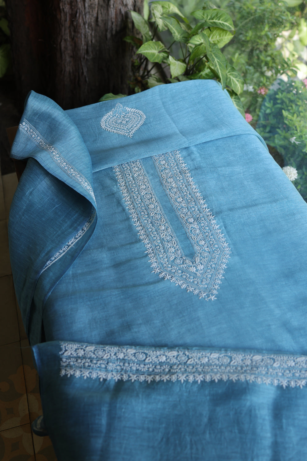 Dusty Blue Linen Chikankari Unstitched Men's Kurtas Fabric