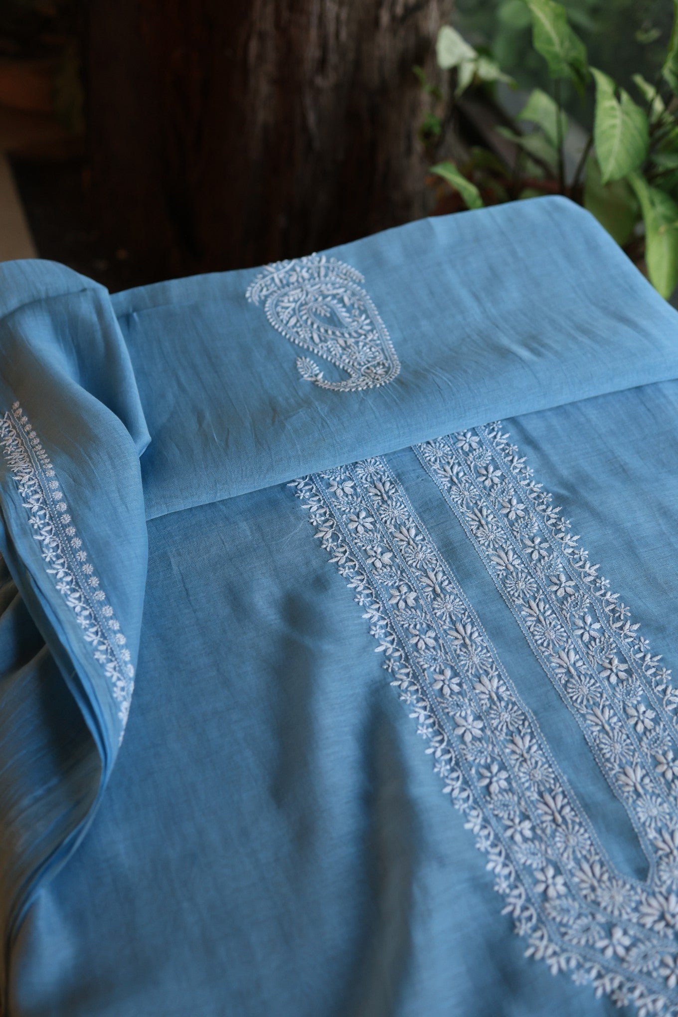 Dusty Blue Mulmul Chikankari Unstitched Men's Kurtas Fabric