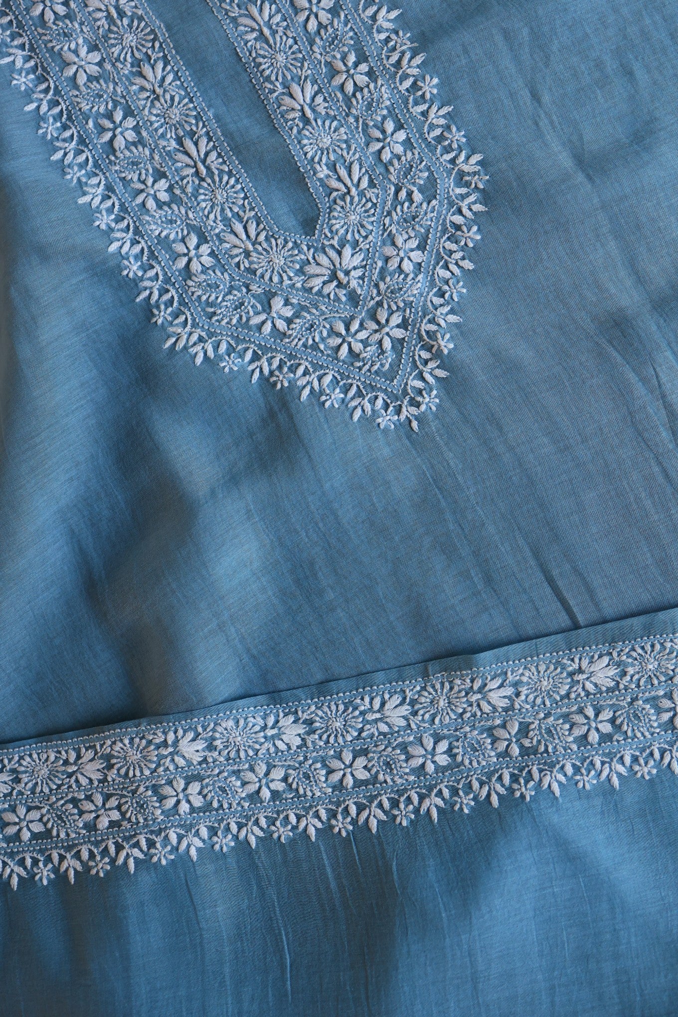 Dusty Blue Mulmul Chikankari Unstitched Men's Kurtas Fabric