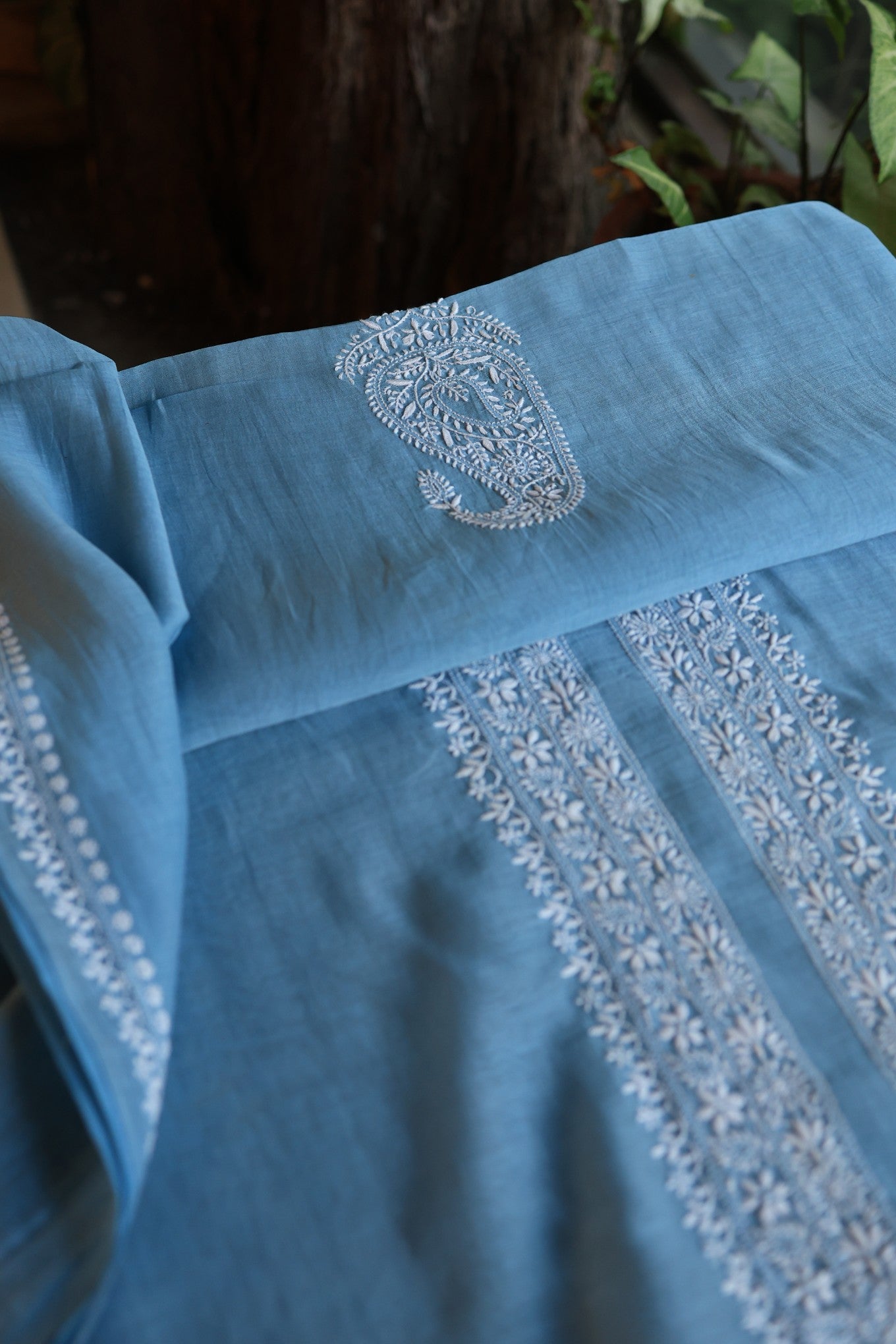 Dusty Blue Mulmul Chikankari Unstitched Men's Kurtas Fabric