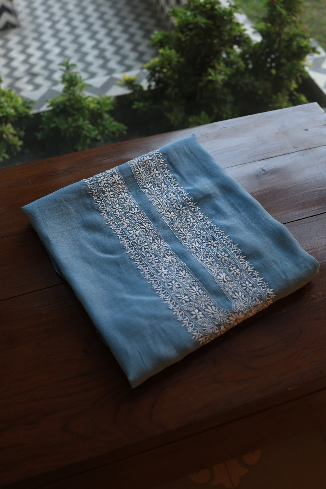 Dusty Blue Mulmul Chikankari Unstitched Men's Kurtas Fabric