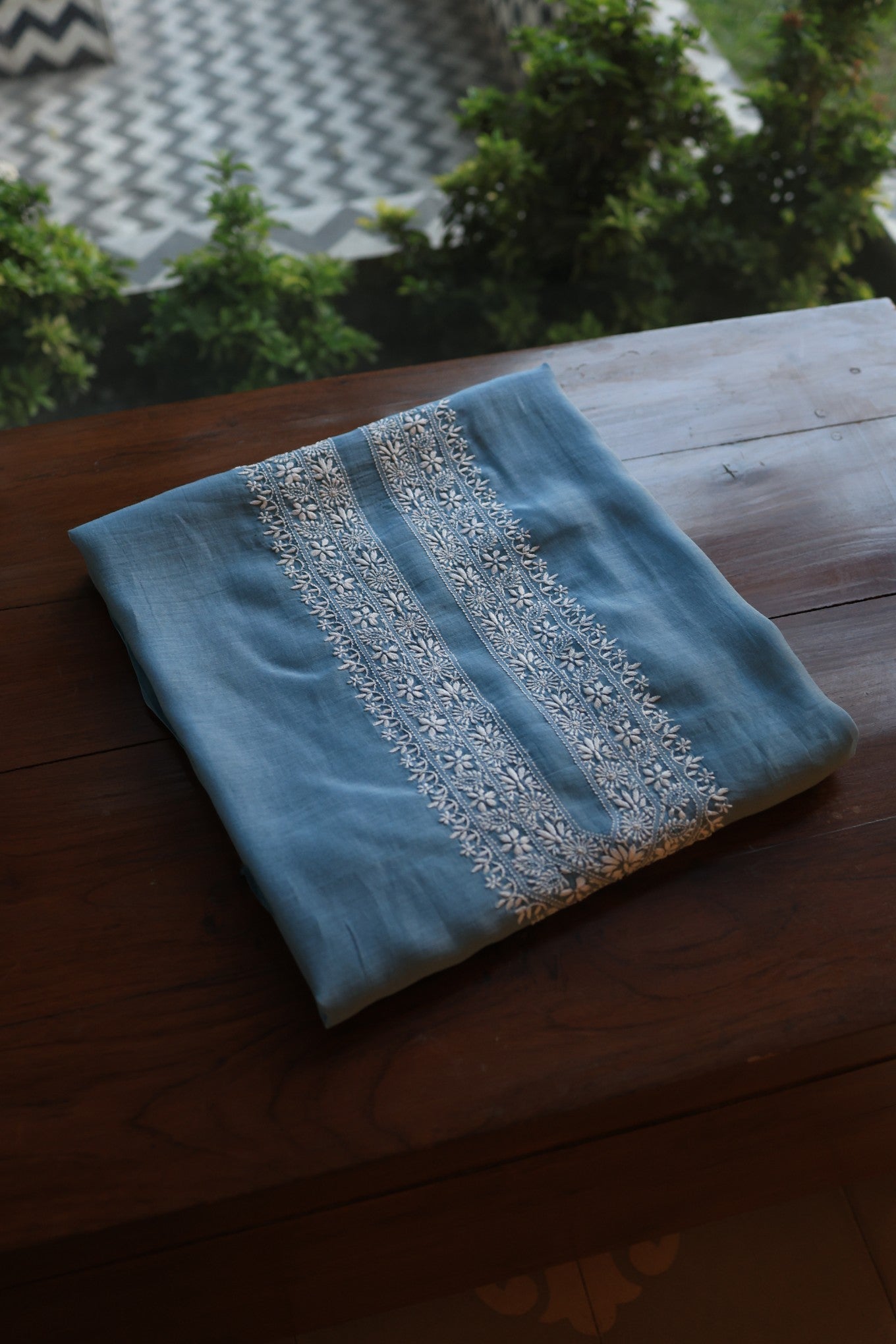 Dusty Blue Mulmul Chikankari Unstitched Men's Kurtas Fabric