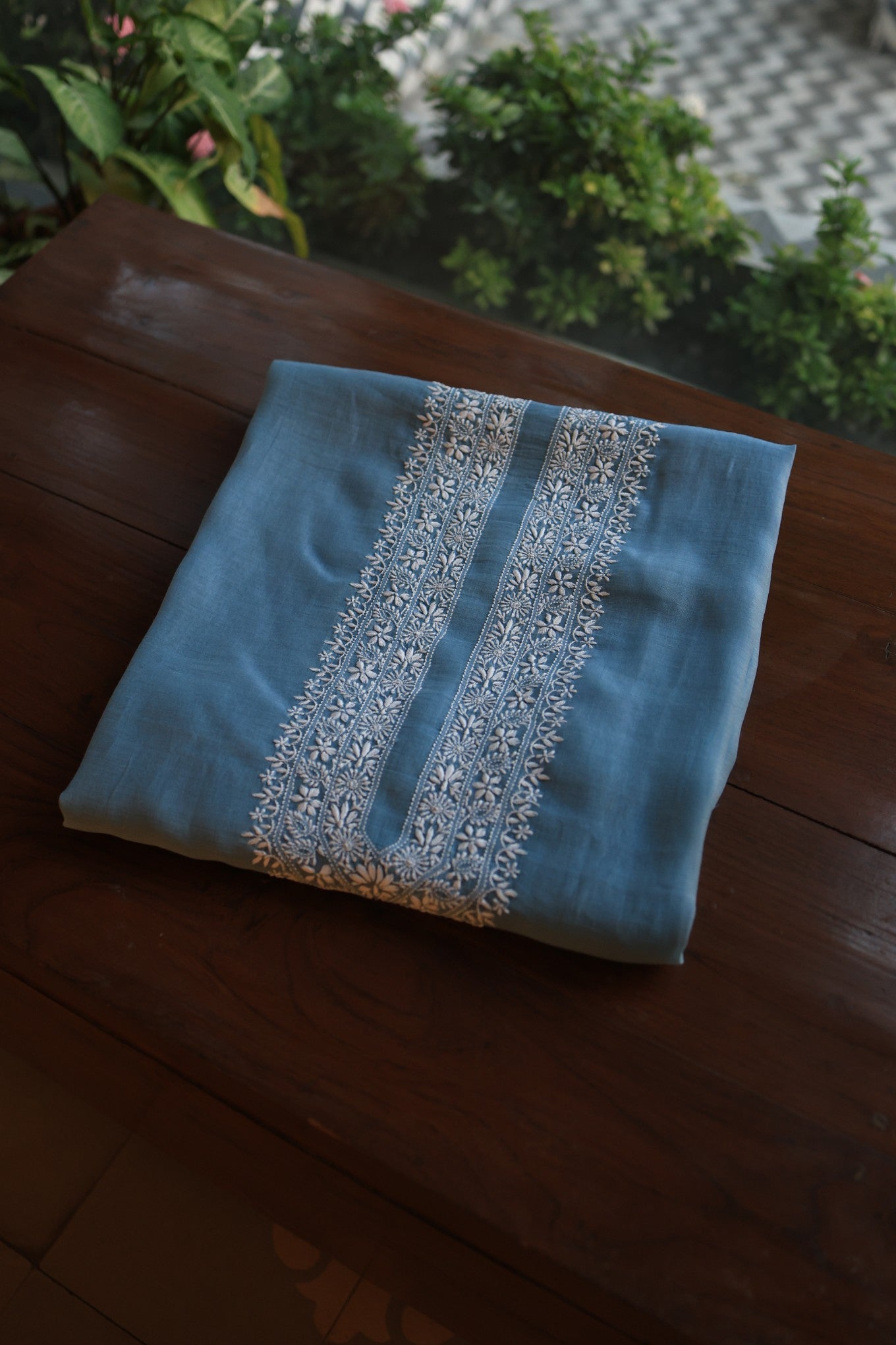 Dusty Blue Mulmul Chikankari Unstitched Men's Kurtas Fabric