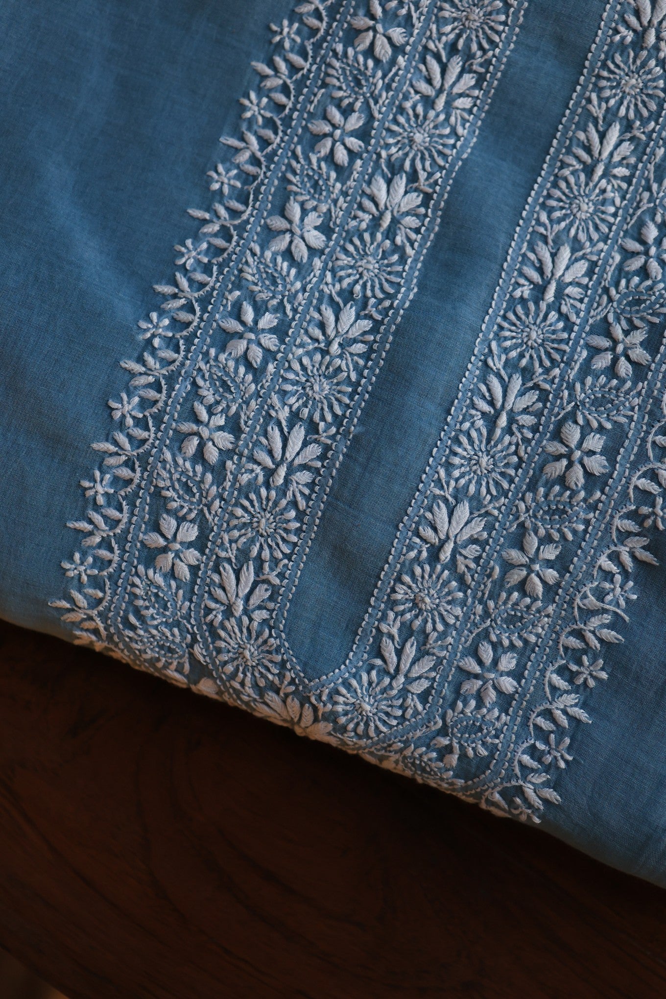 Dusty Blue Mulmul Chikankari Unstitched Men's Kurtas Fabric