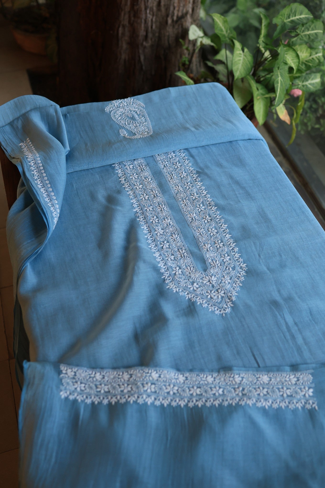 Dusty Blue Mulmul Chikankari Unstitched Men's Kurtas Fabric