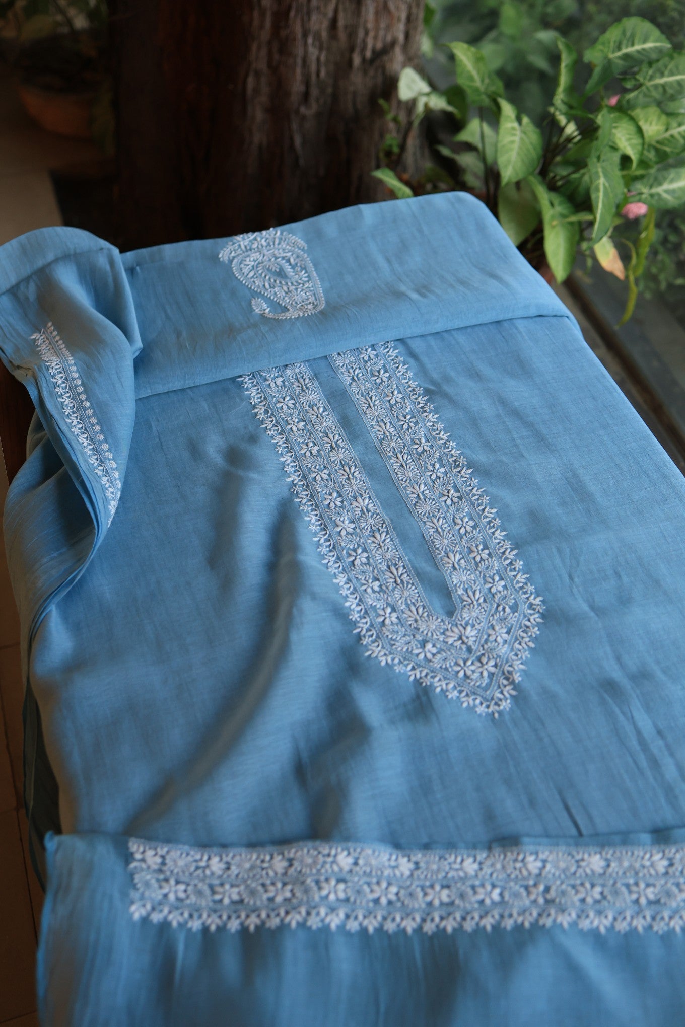Dusty Blue Mulmul Chikankari Unstitched Men's Kurtas Fabric