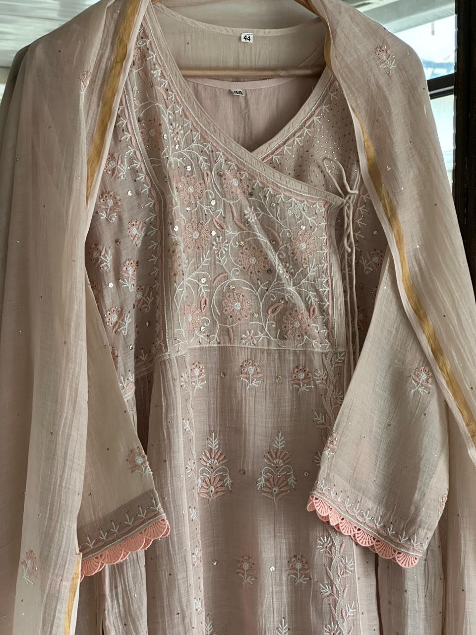 Dusty Grey Malmal Mukaish Kamdani Chikankari Stitched Kurta Dupatta Set