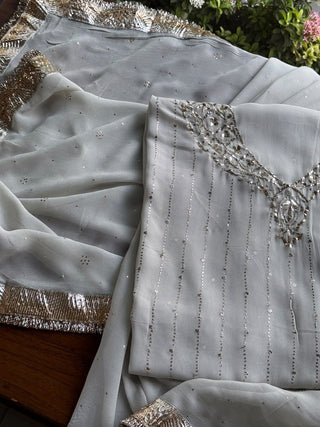 Dusty Grey Mukaish Badla Pure Georgette Kurta Set